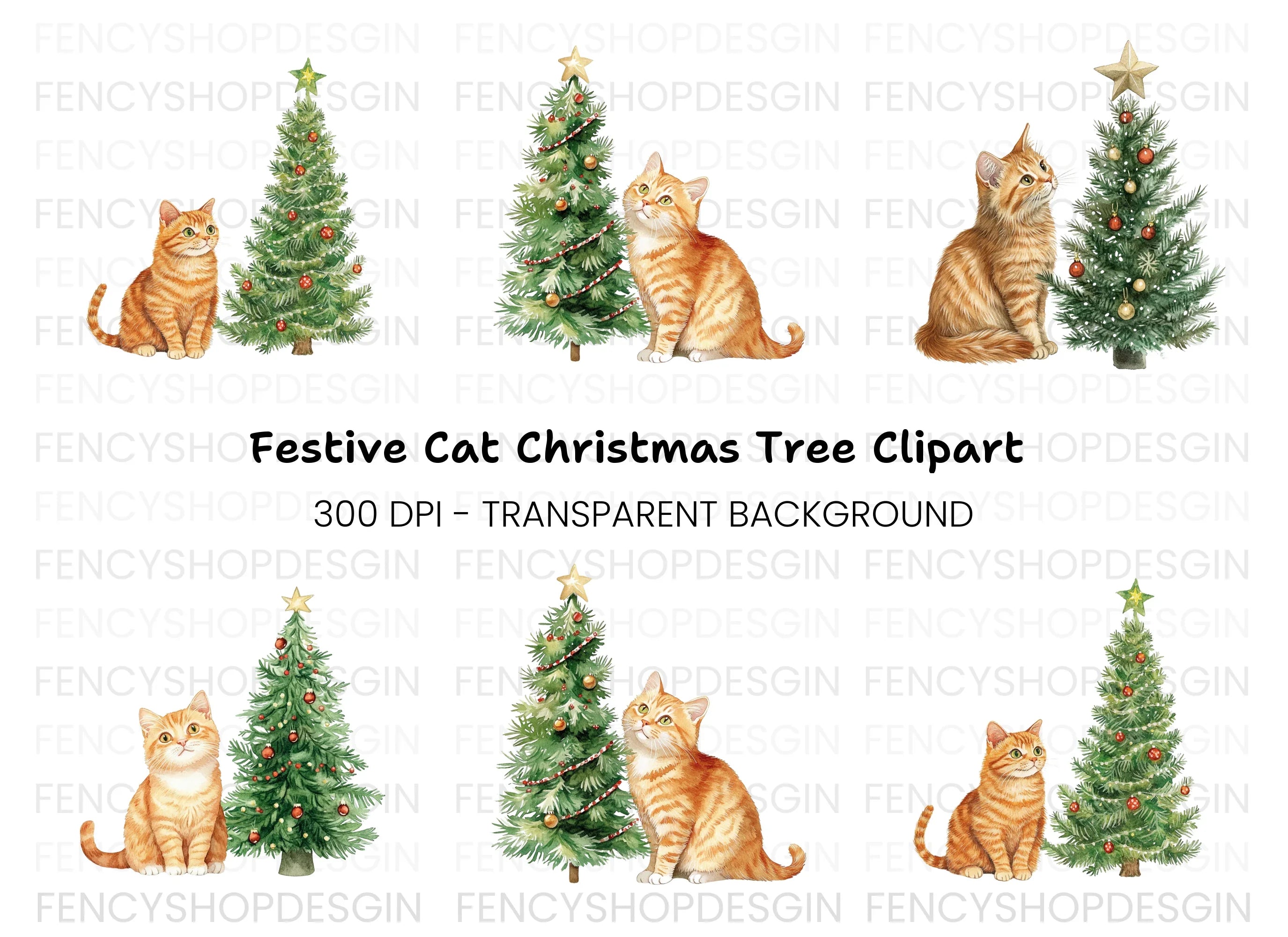 Christmas Kittens and Decorated Trees Clipart Bundle