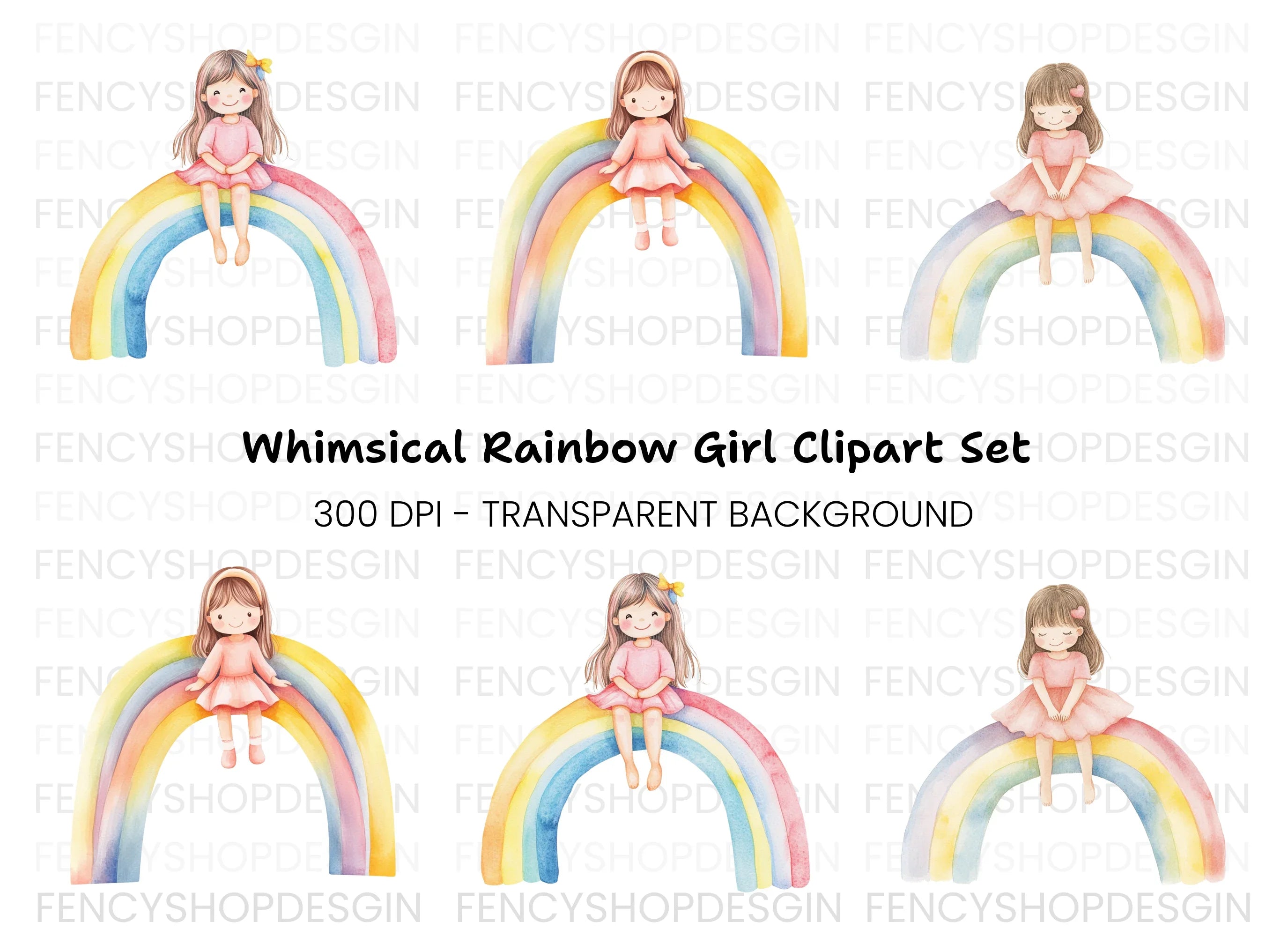 Cute Girls Sitting on Rainbows Clipart Bundle