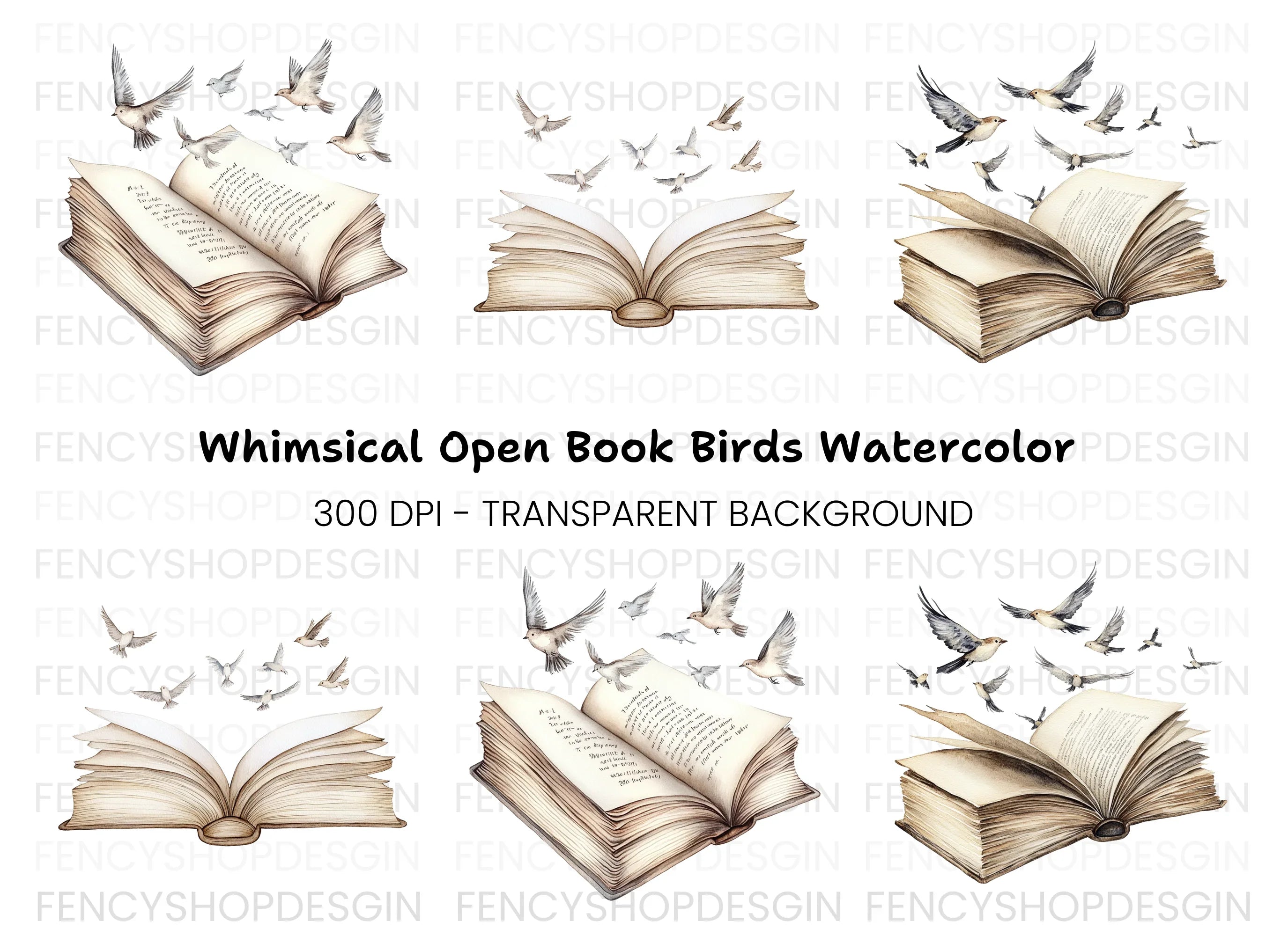 Vintage Books and Flying Birds Clipart Bundle