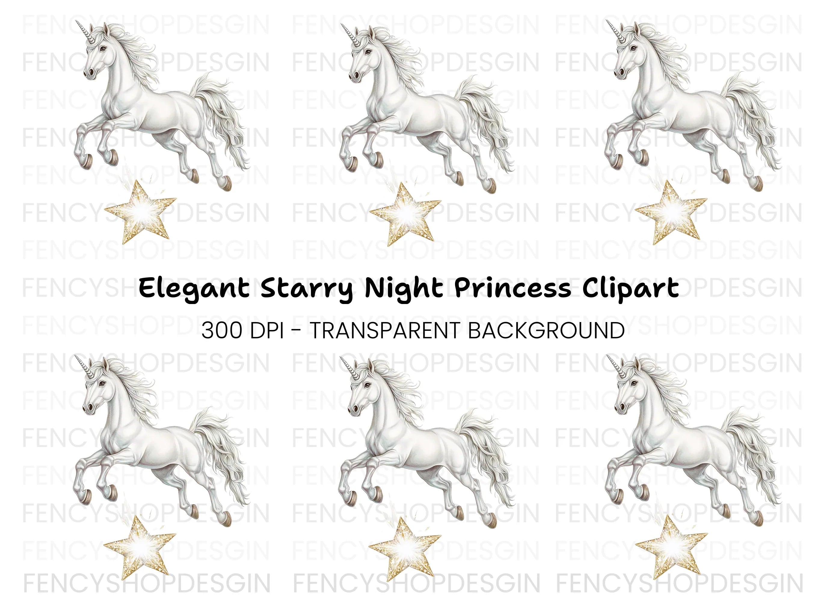 Majestic White Unicorn with Star Clipart Bundle