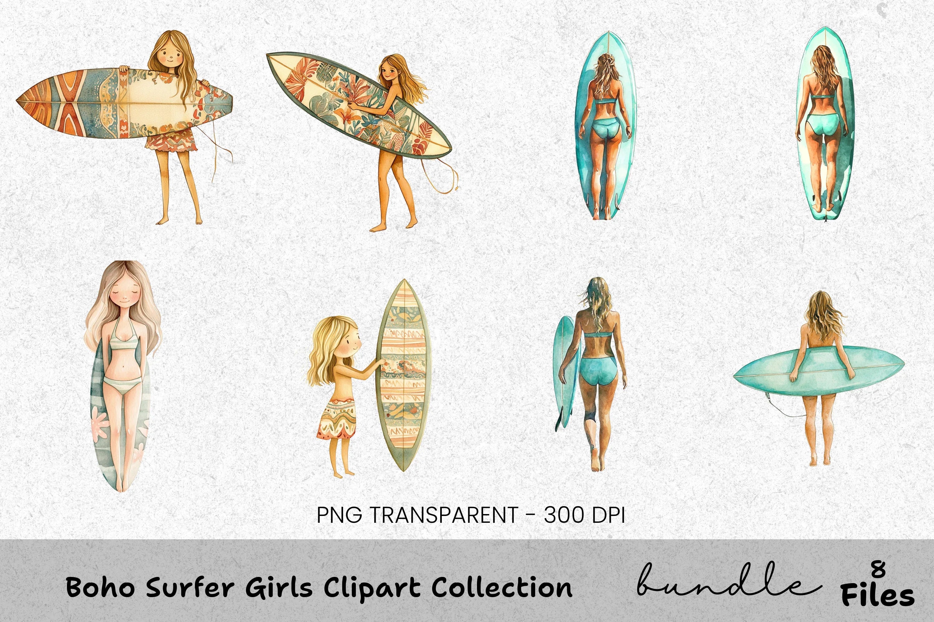 Boho Surfer Girls Clipart Bundle
