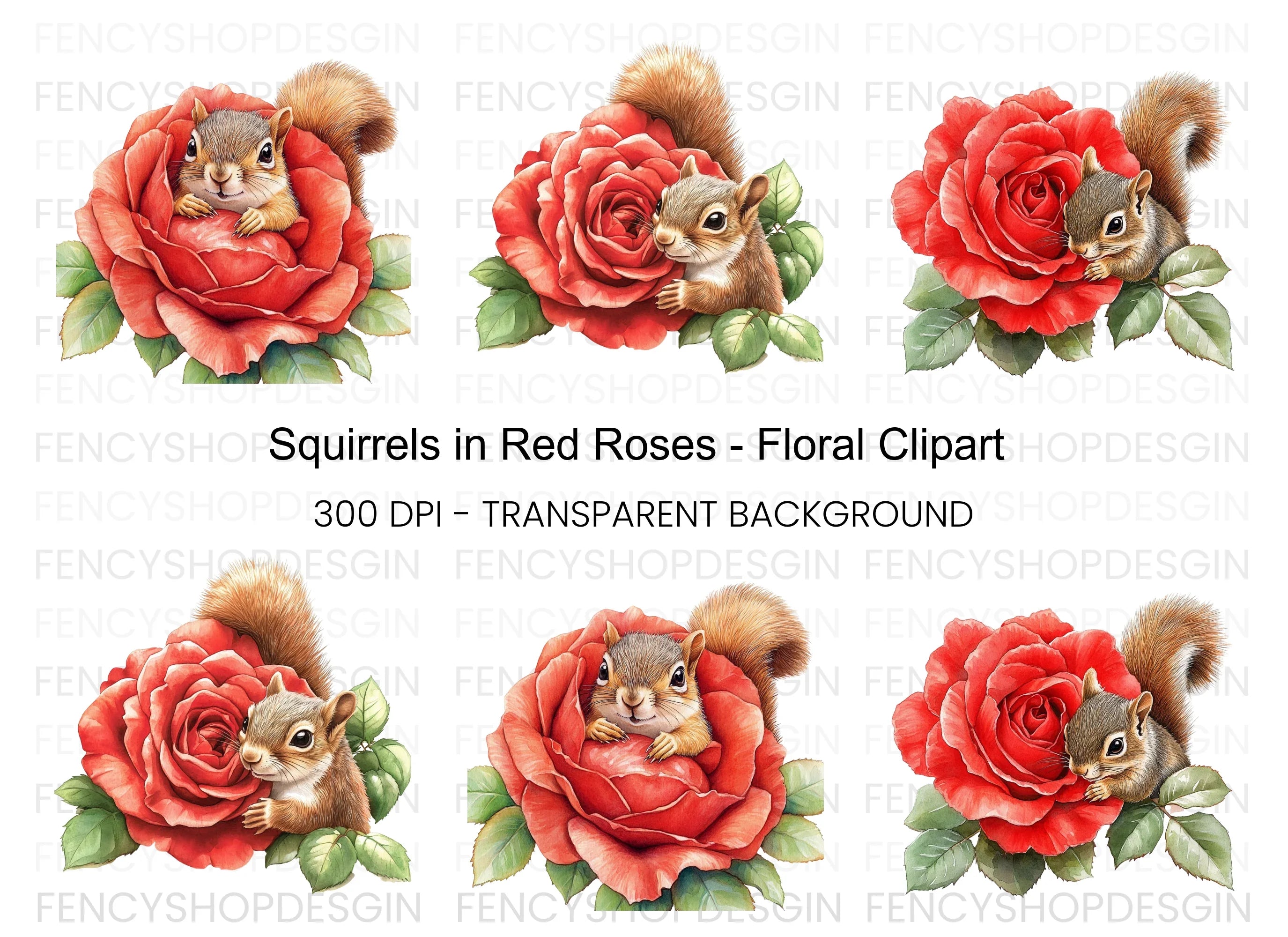 Squirrels in Red Roses Clipart Bundle