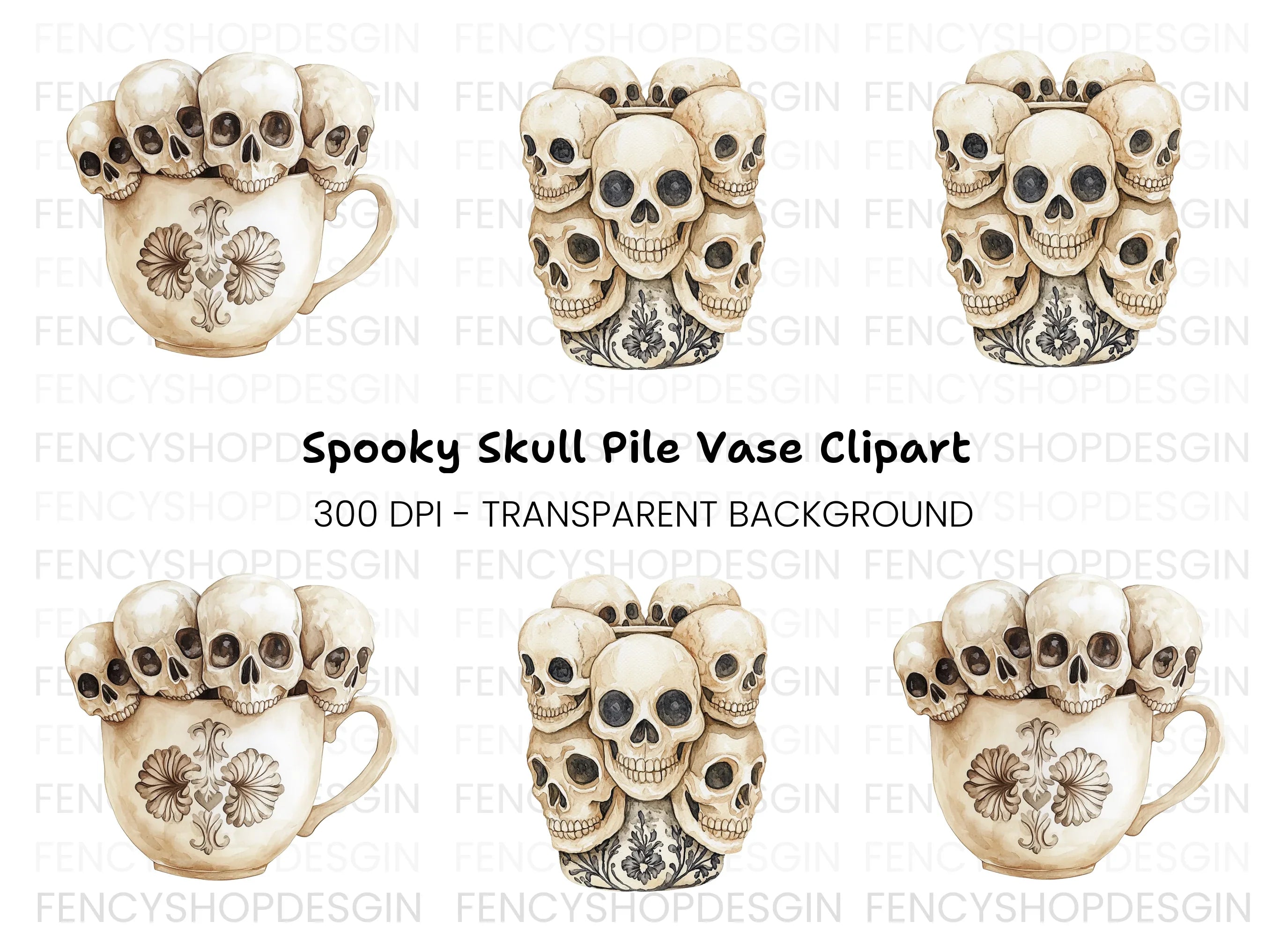 Skulls in Teacup Illustration Clipart Bundle