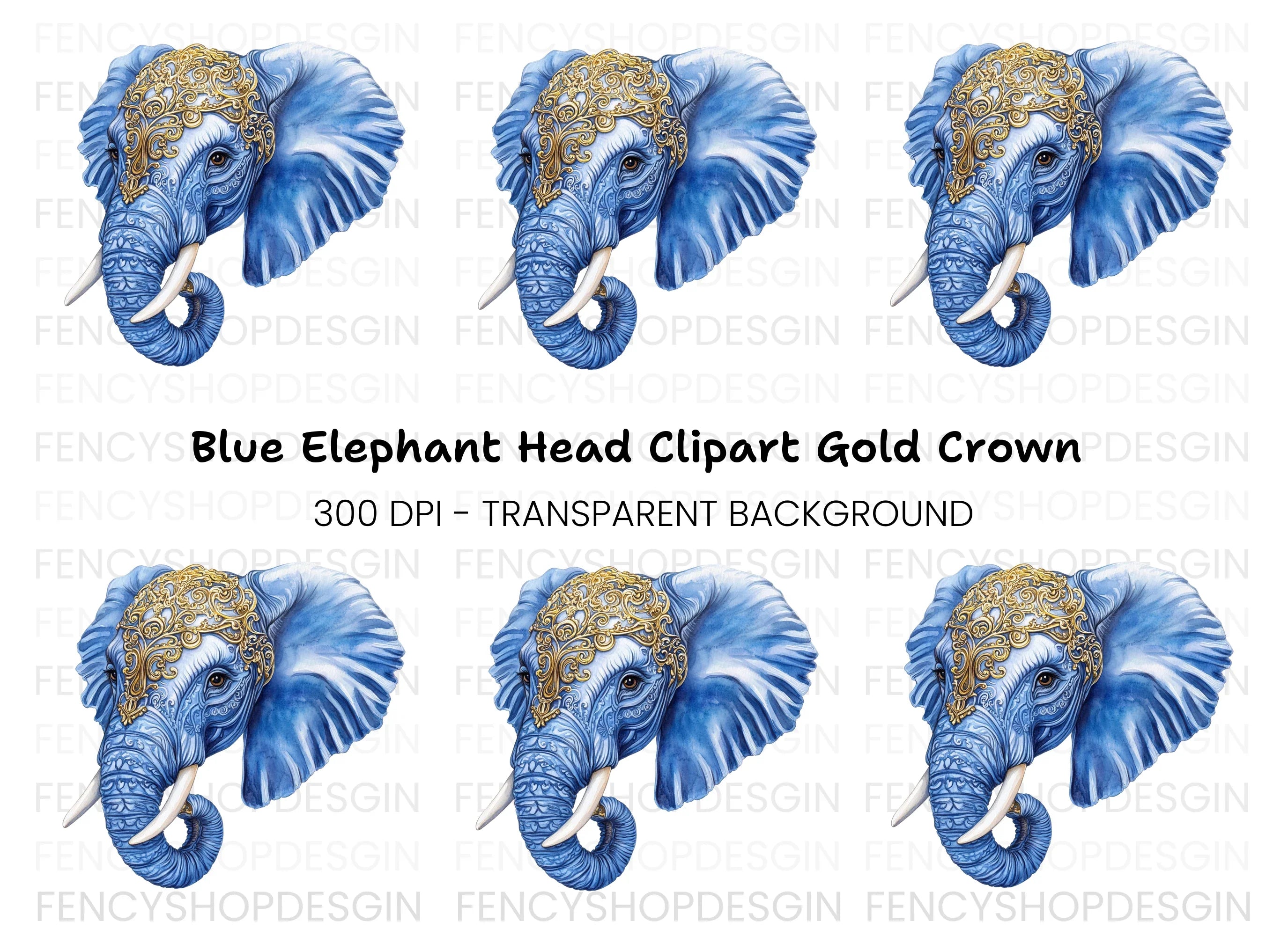 Ornate Blue Elephant Head Clipart Bundle