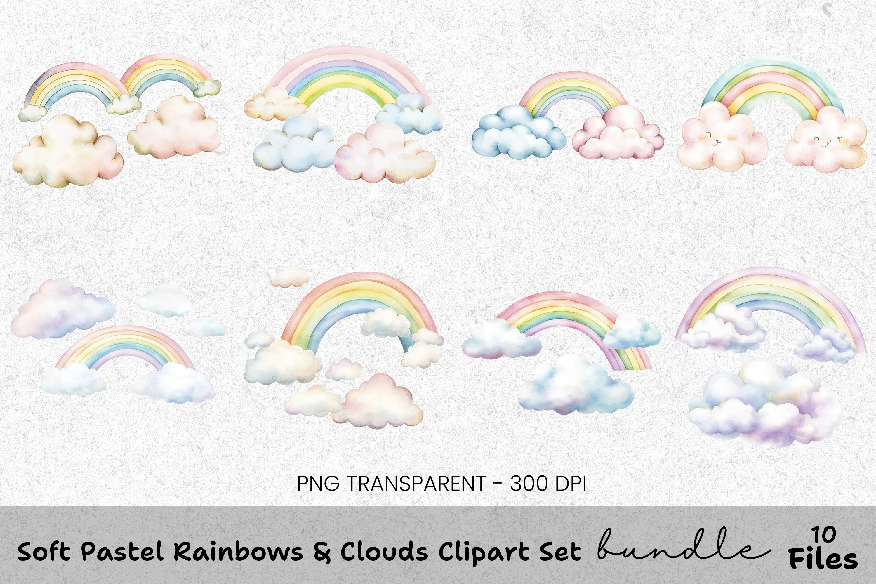 Soft Pastel Rainbow Clouds Clipart Bundle