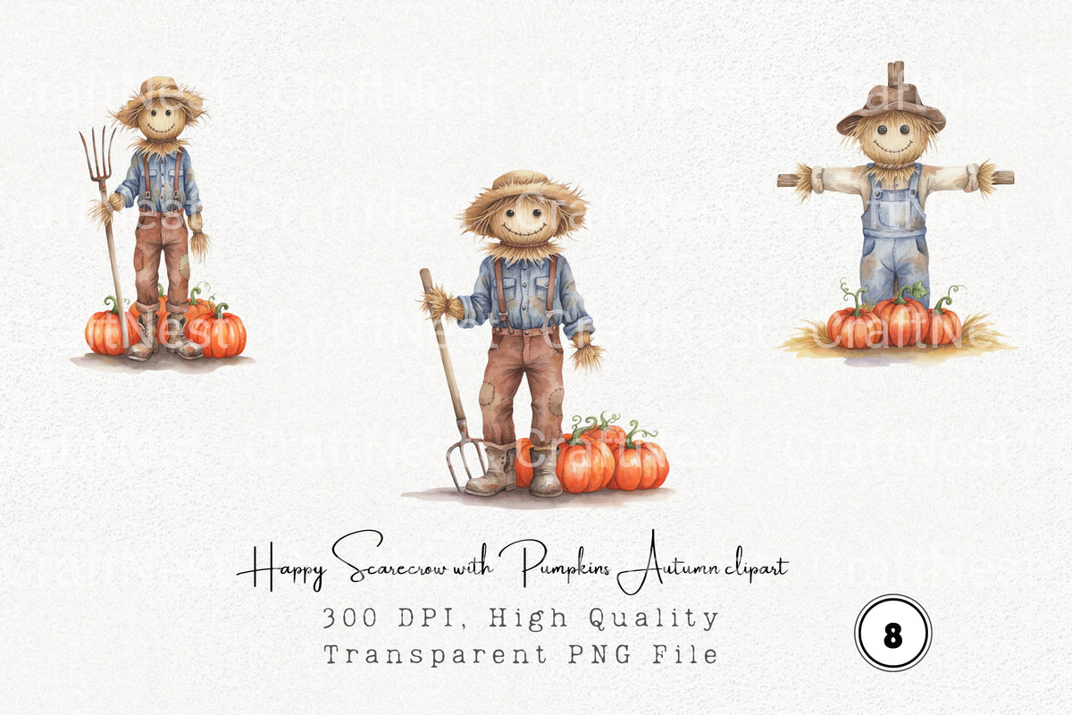 Happy Scarecrow With Pumpkins Autumn Clipart Bundle