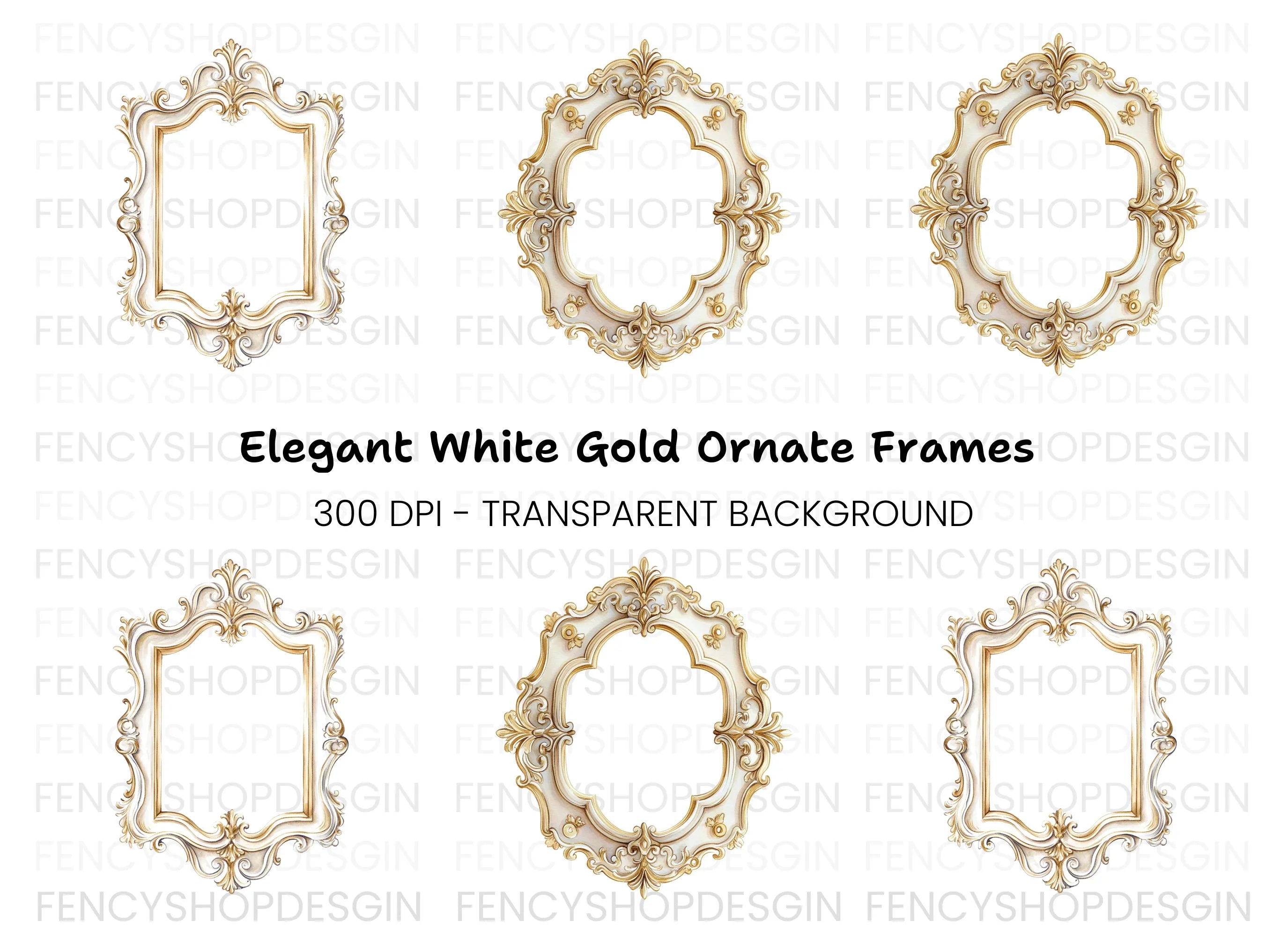 Elegant Gold White Ornate Frames Clipart Bundle