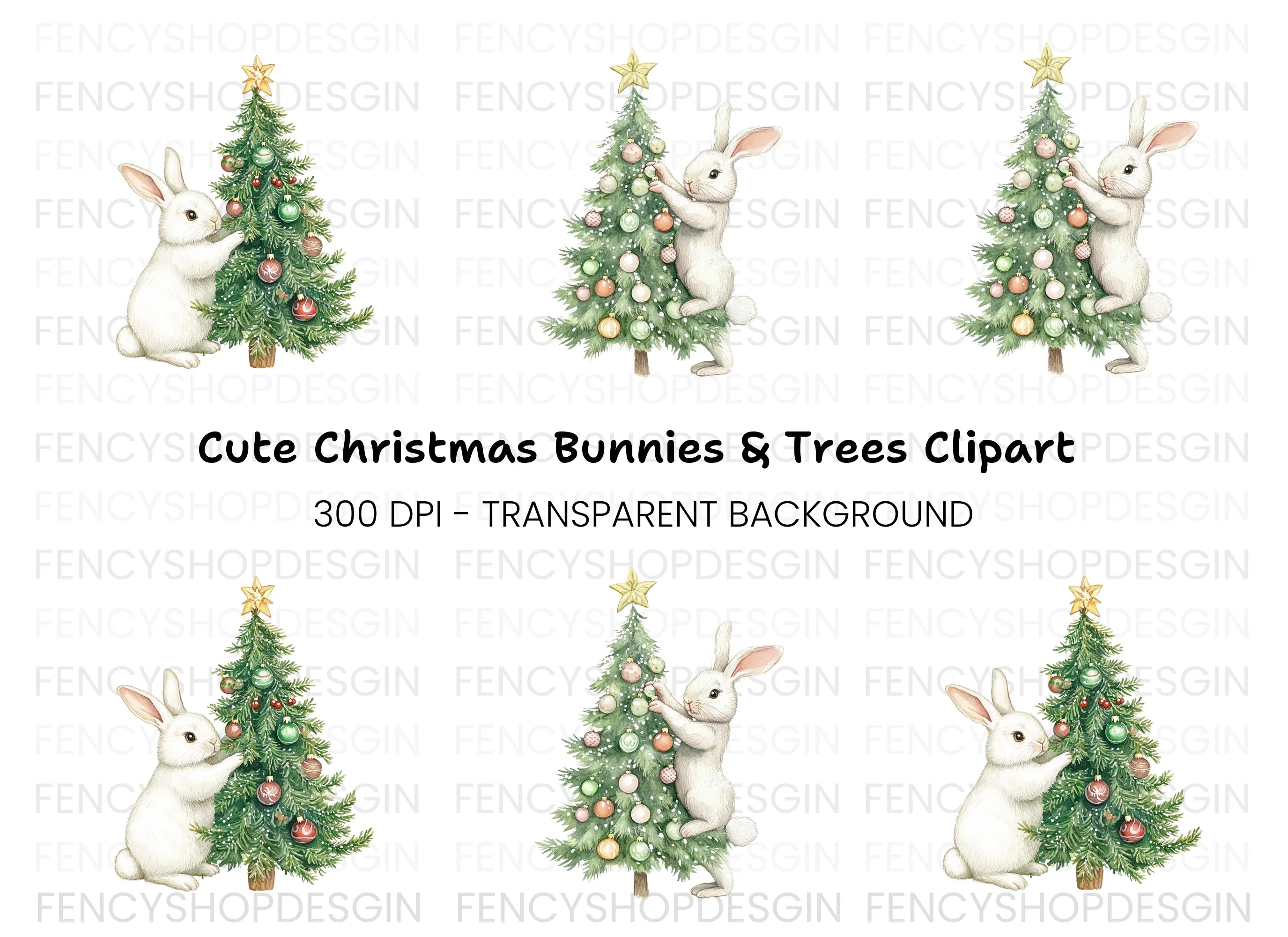 White Bunnies Decorating Christmas Tree Clipart Bundle