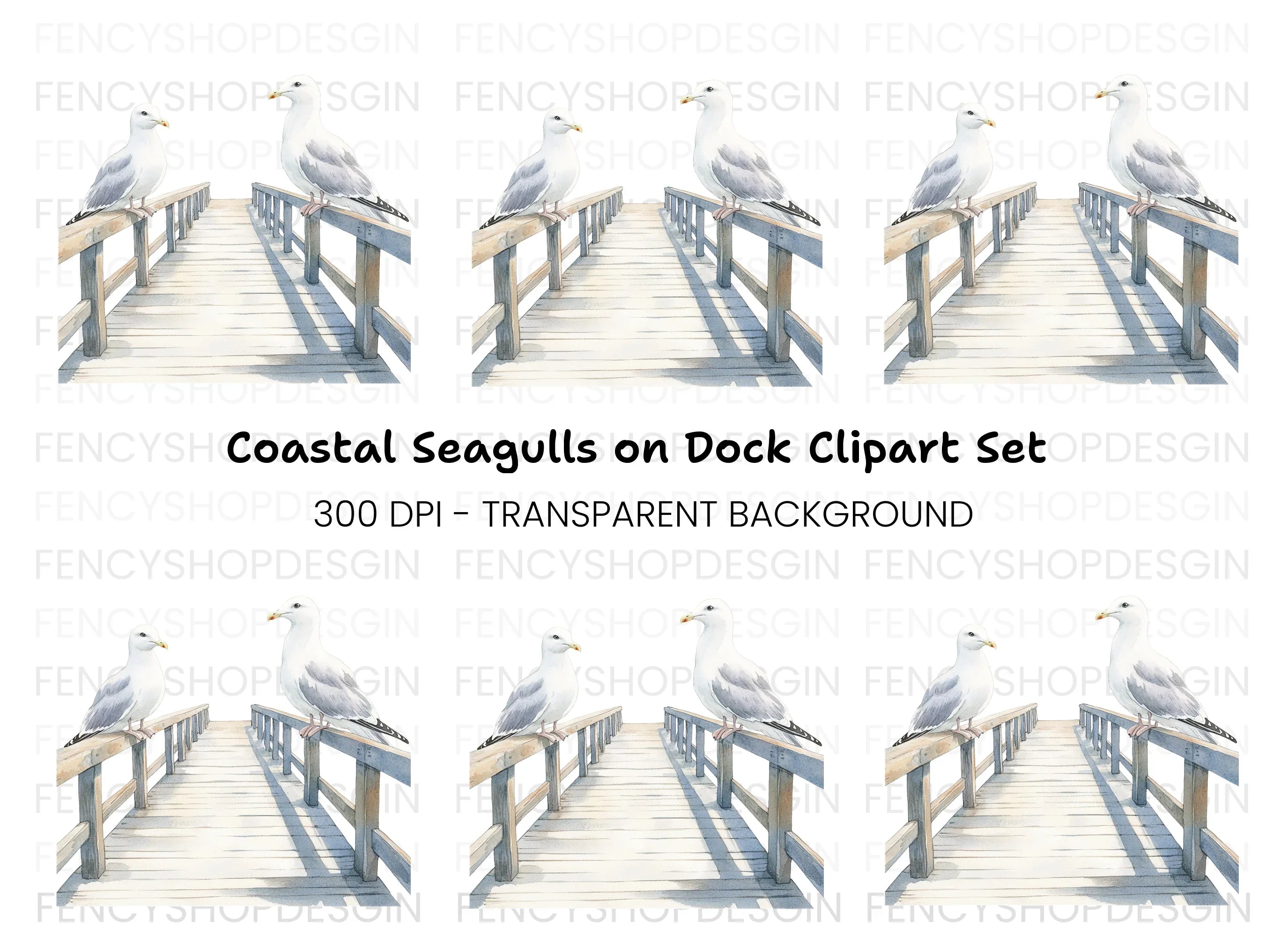 Seagulls on Wooden Pier Clipart Bundle