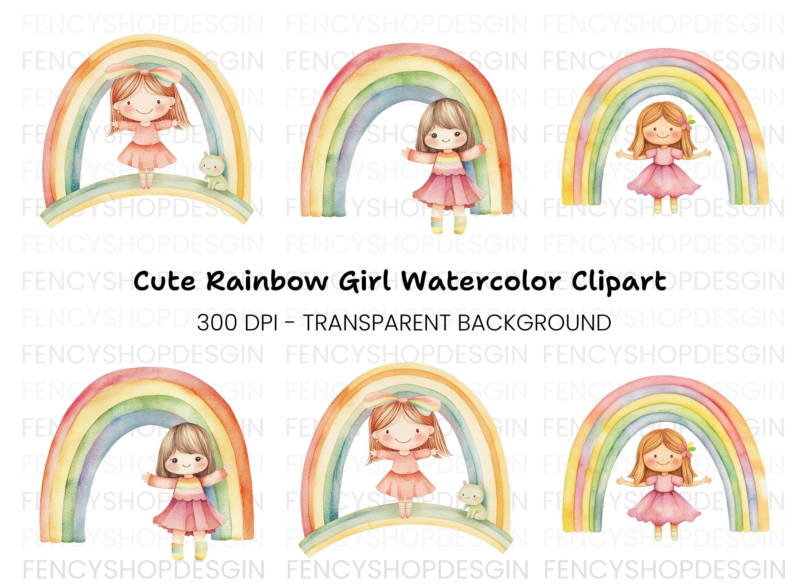 Cute Girls and Rainbows Clipart Bundle