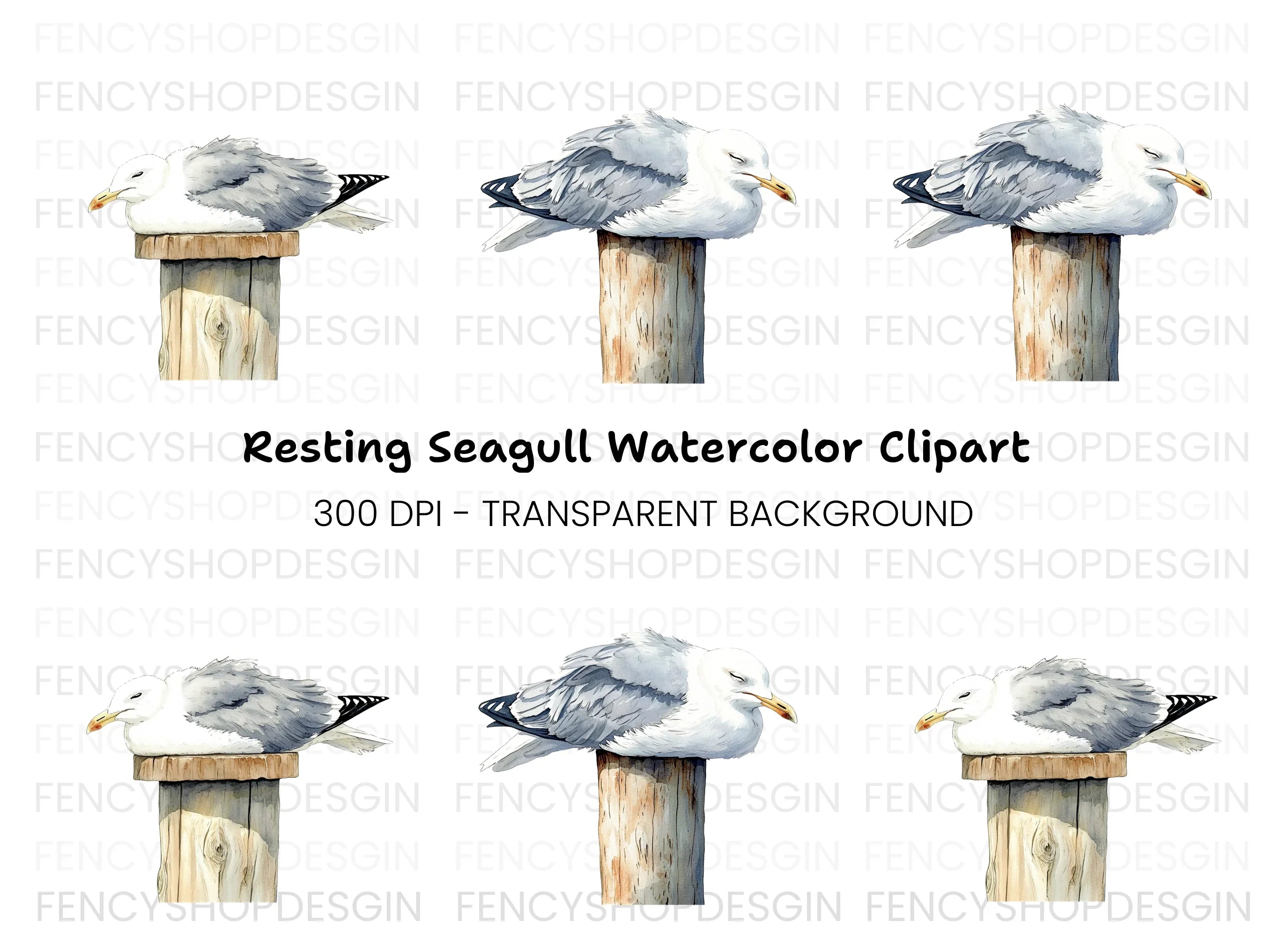 Sleeping Seagulls on Wooden Posts Clipart Bundle