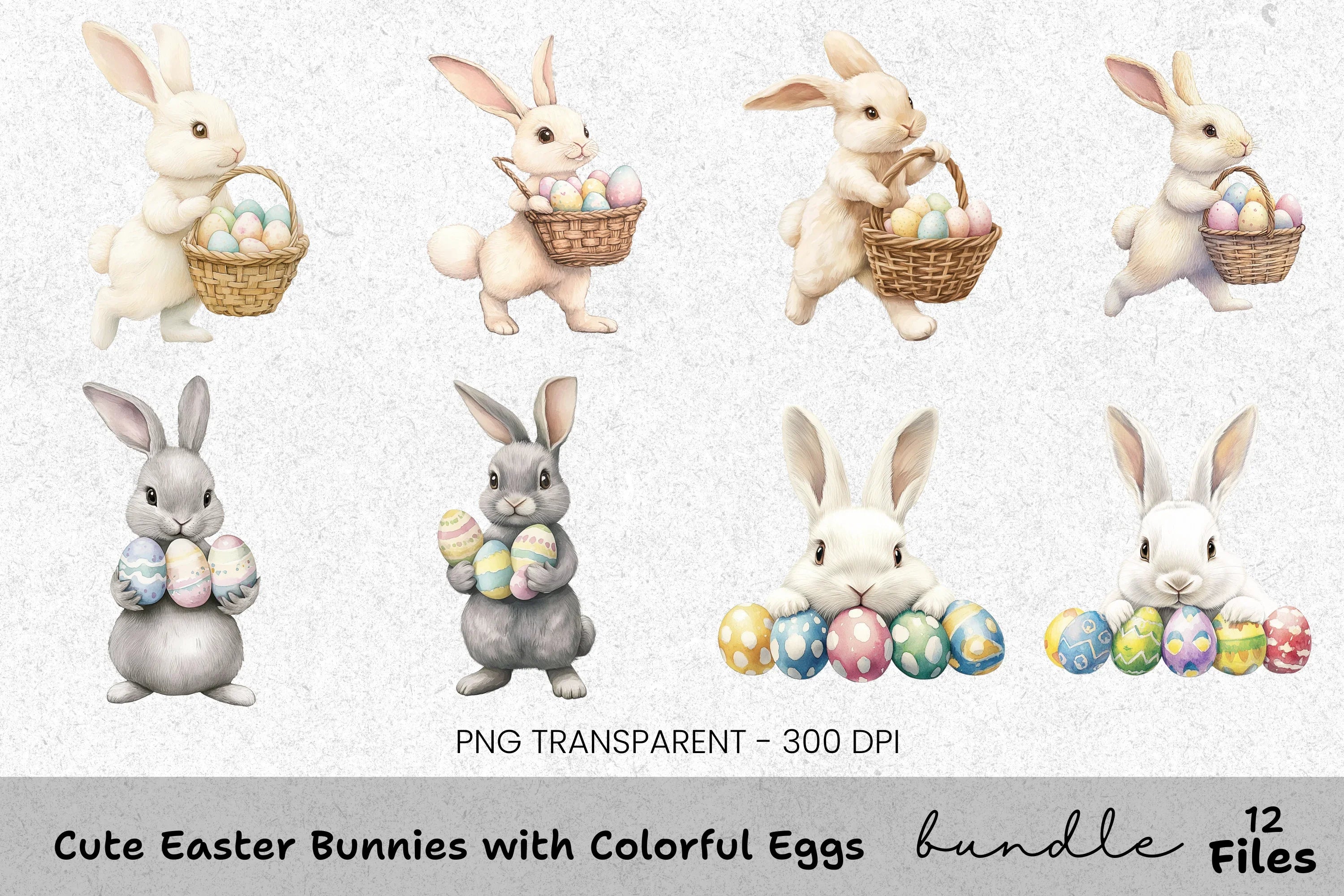 Cute Easter Bunnies with Colorful Eggs Clipart Bundle