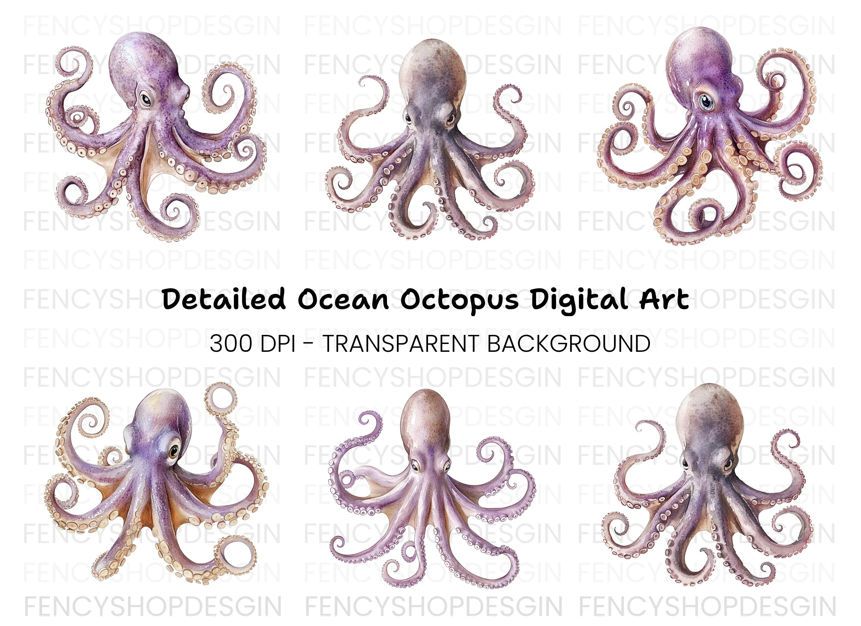Purple Octopus Illustrations Clipart Bundle