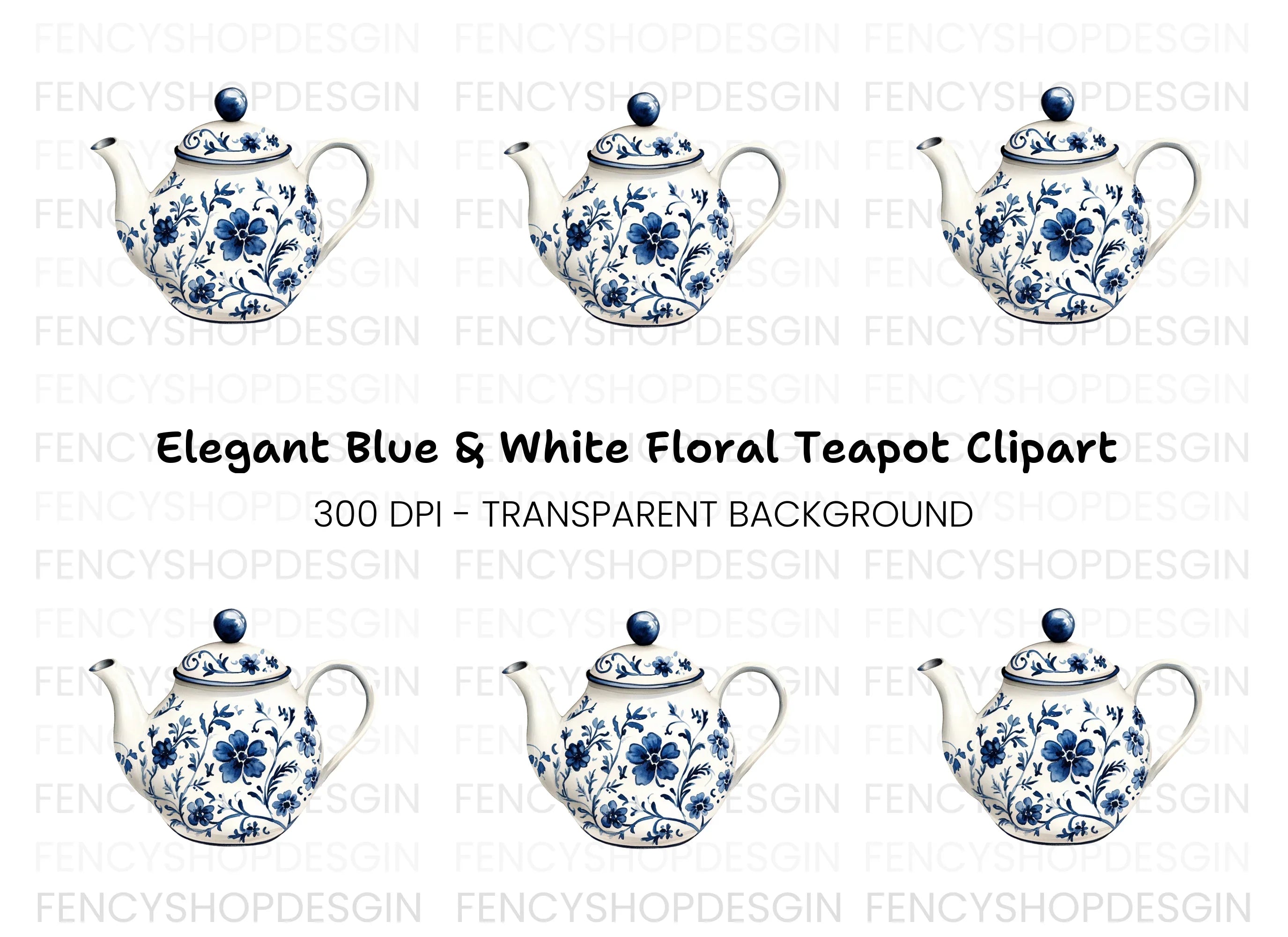 Elegant Blue and White Teapot Clipart Bundle