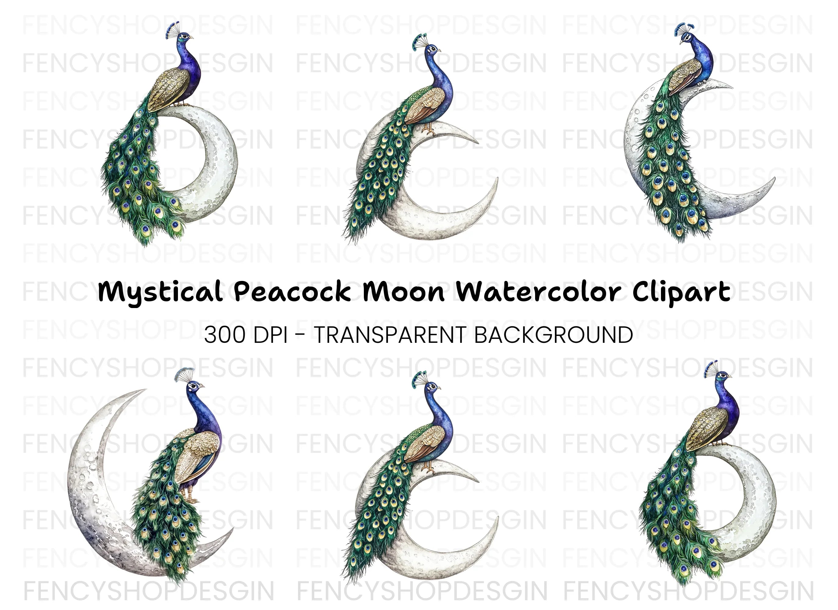 Peacock on Moon Clipart Bundle