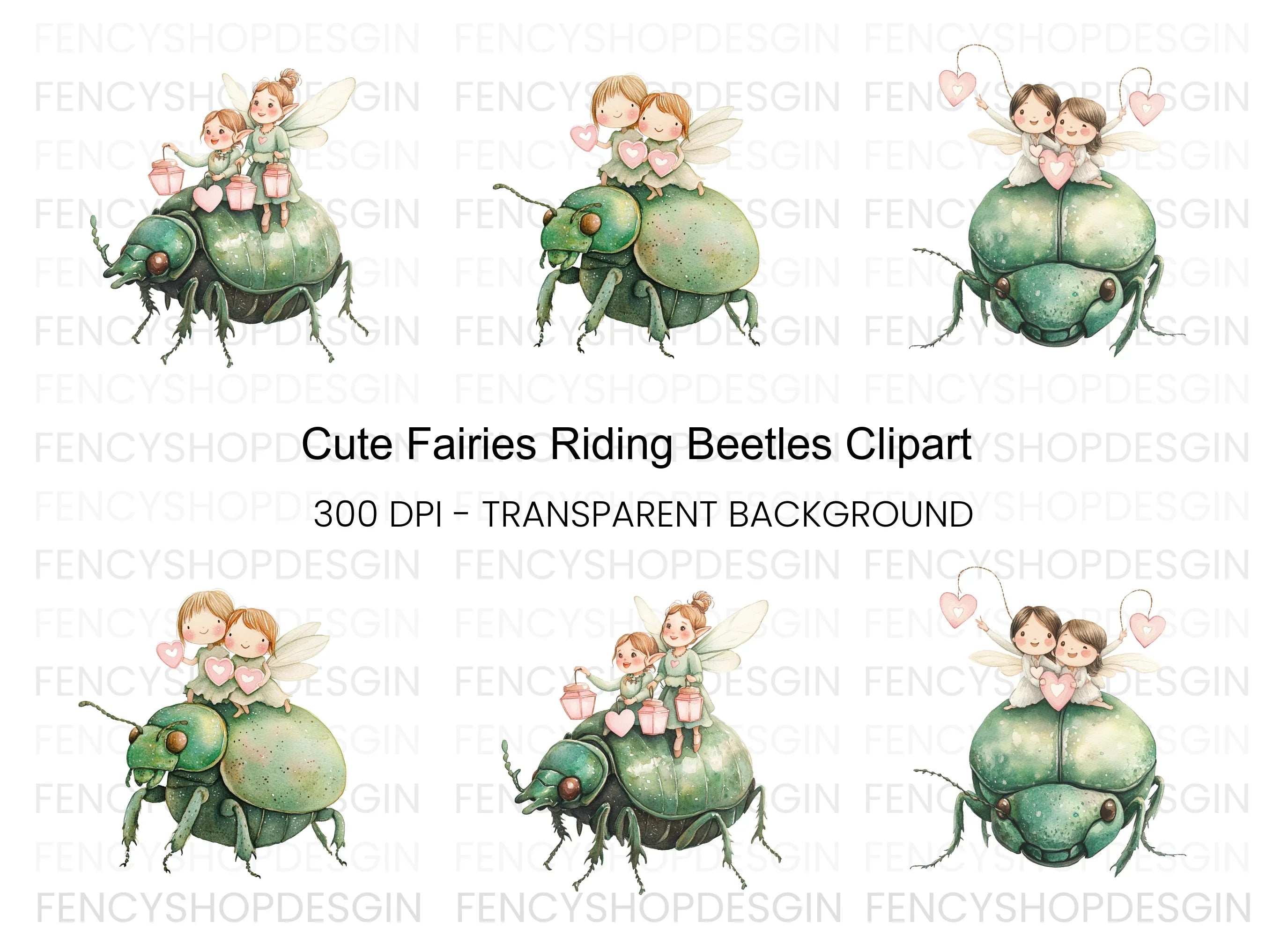 Cute Fairies Riding Green Beetles Clipart Bundle