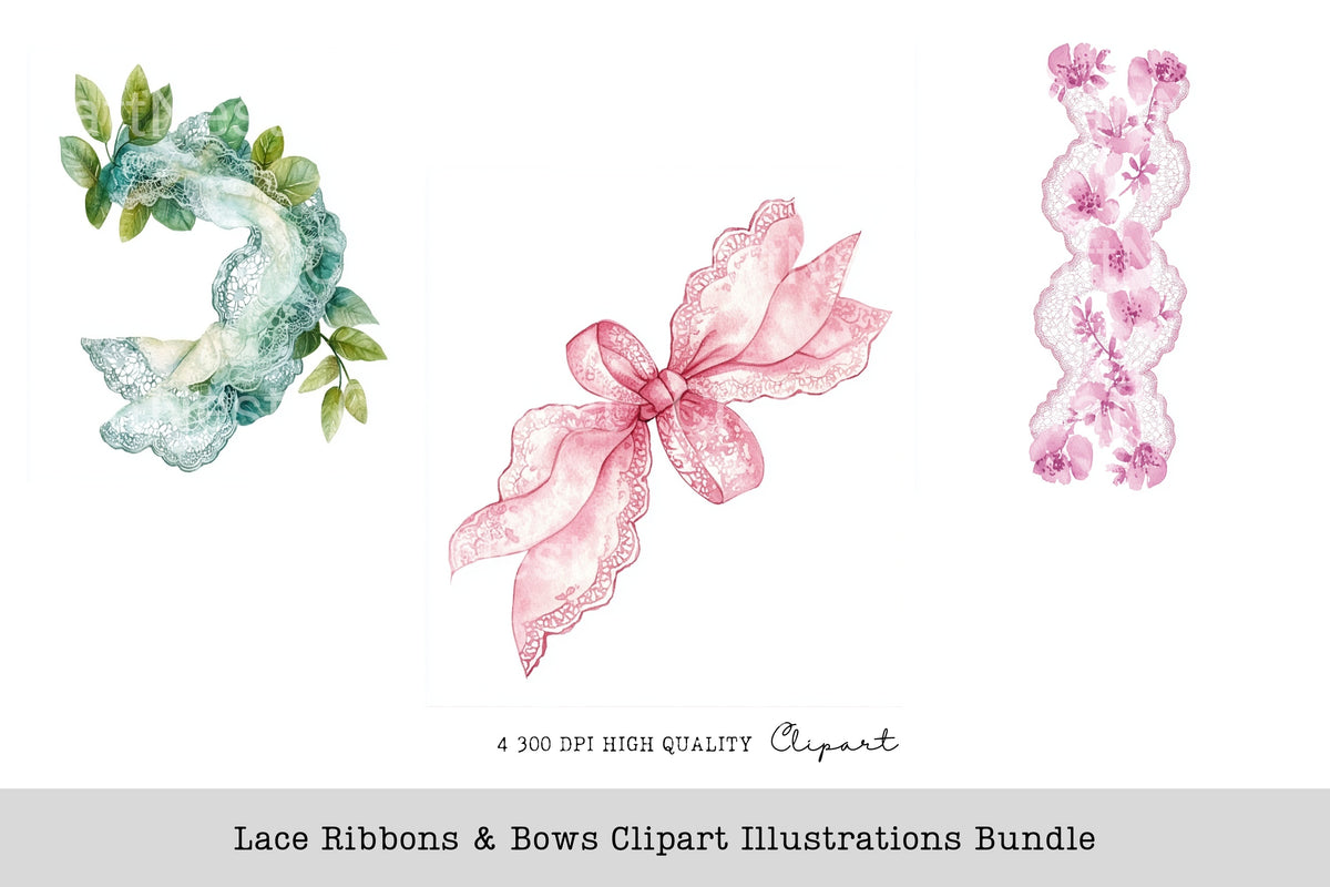 Lace Ribbons Bows Illustrations Clipart Bundle
