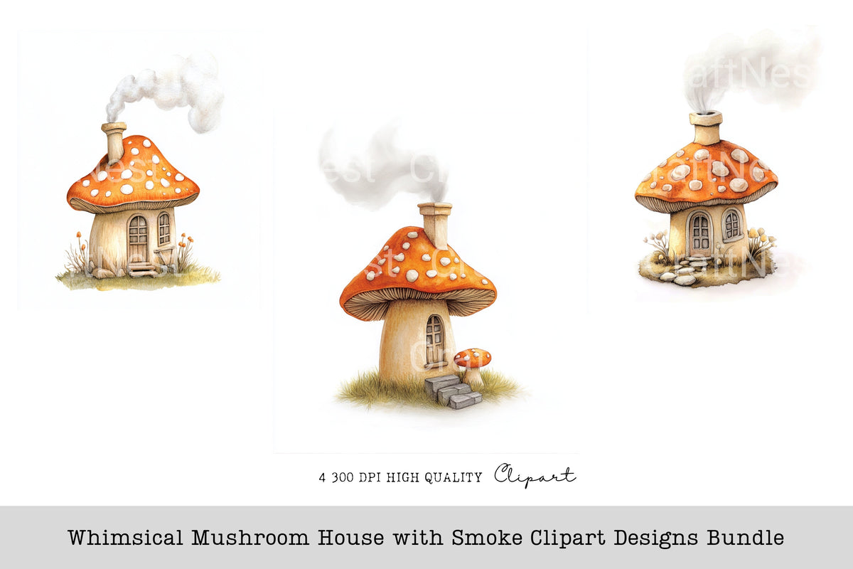 Whimsical Mushroom House With Smoke Designs Clipart Bundle