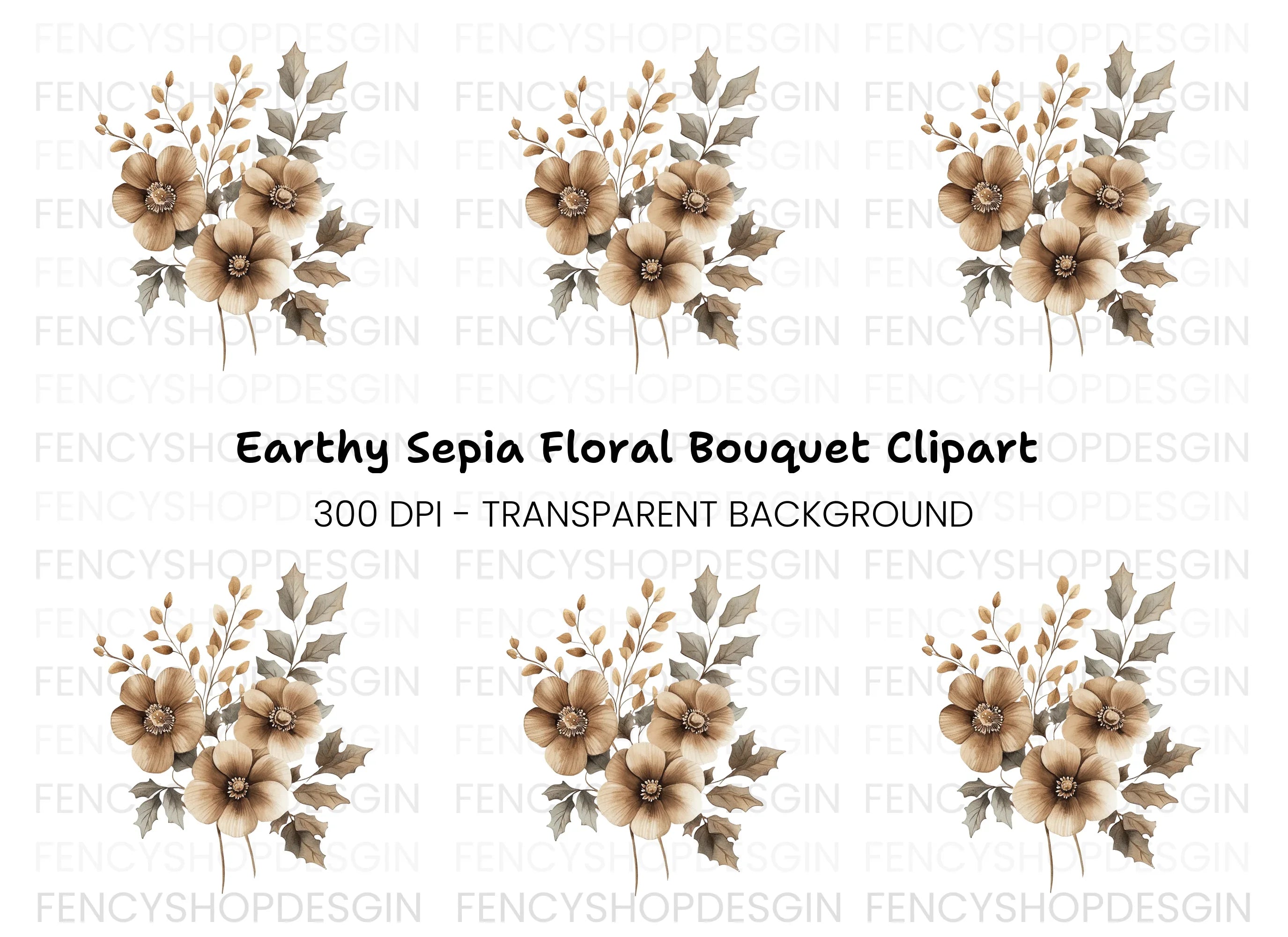 Elegant Brown Floral Arrangement Clipart Bundle