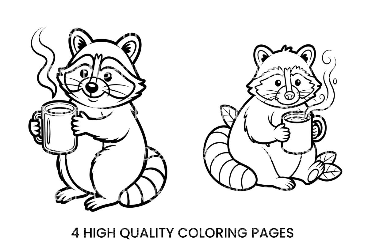 Cute Raccoon with Coffee Coloring Books