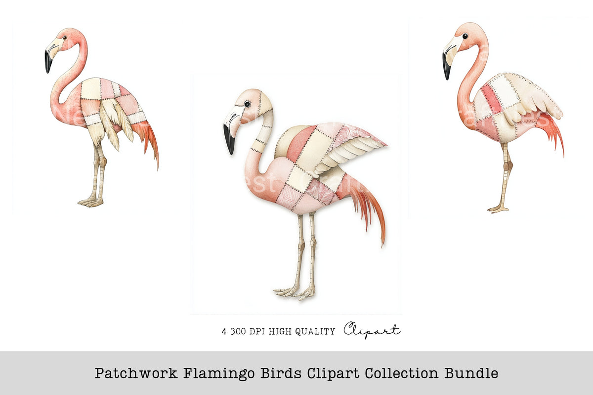 Patchwork Flamingo Birds Clipart Bundle