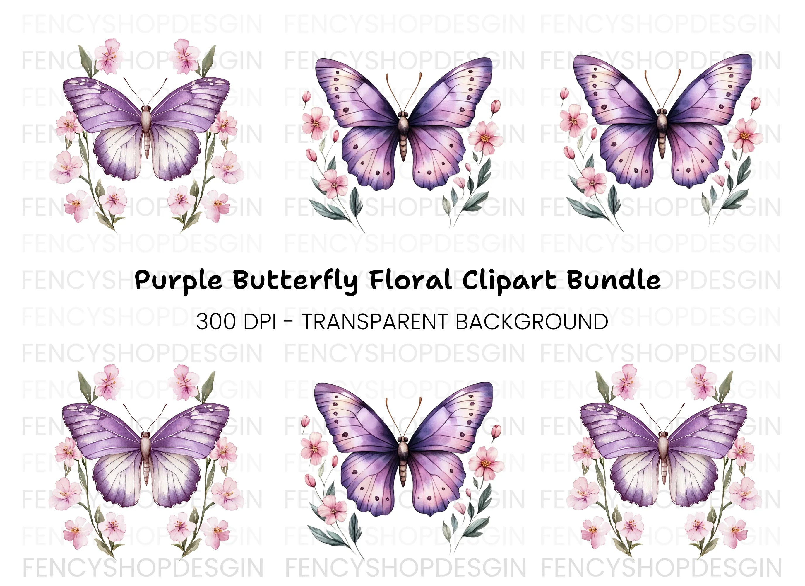 Purple Butterfly and Floral Clipart Bundle