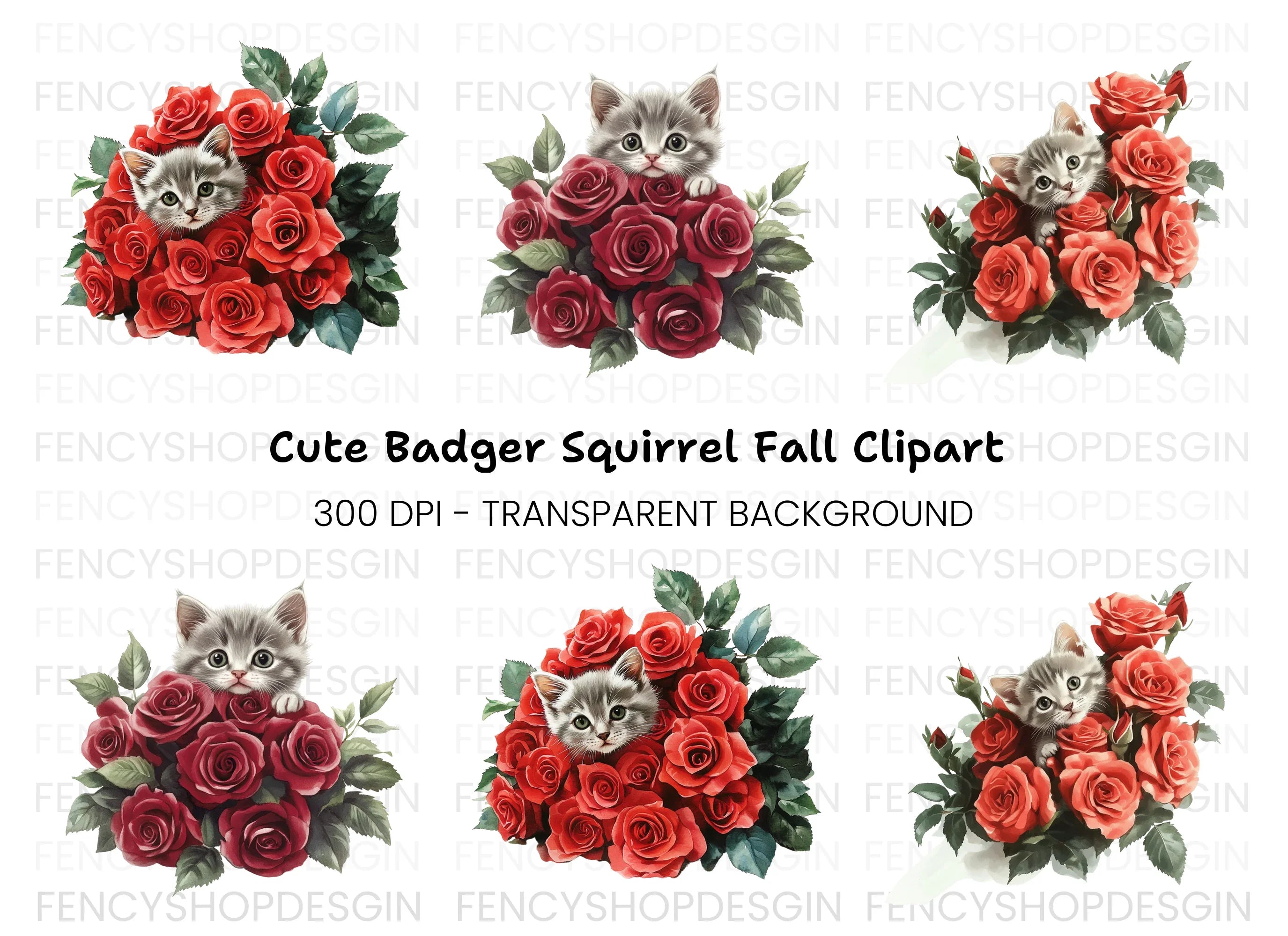 Cute Kitten and Red Roses Clipart Bundle