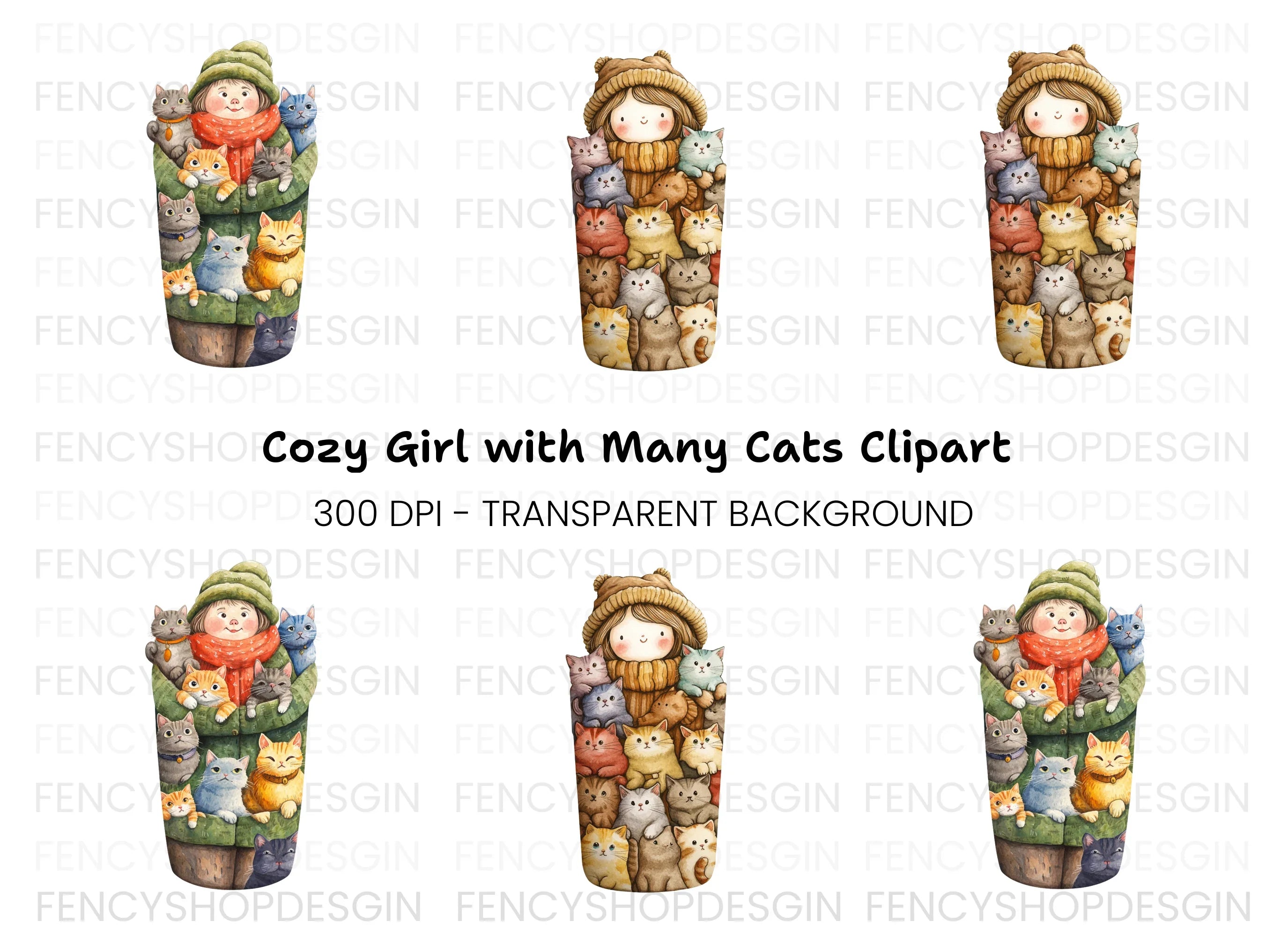Girl Hugging Cats Clipart Bundle