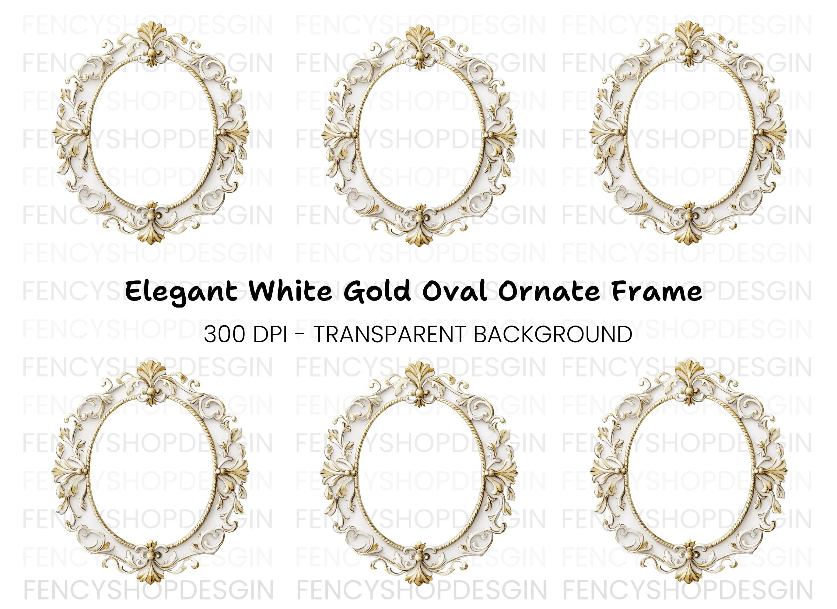 White Gold Ornate Oval Frame Clipart Bundle