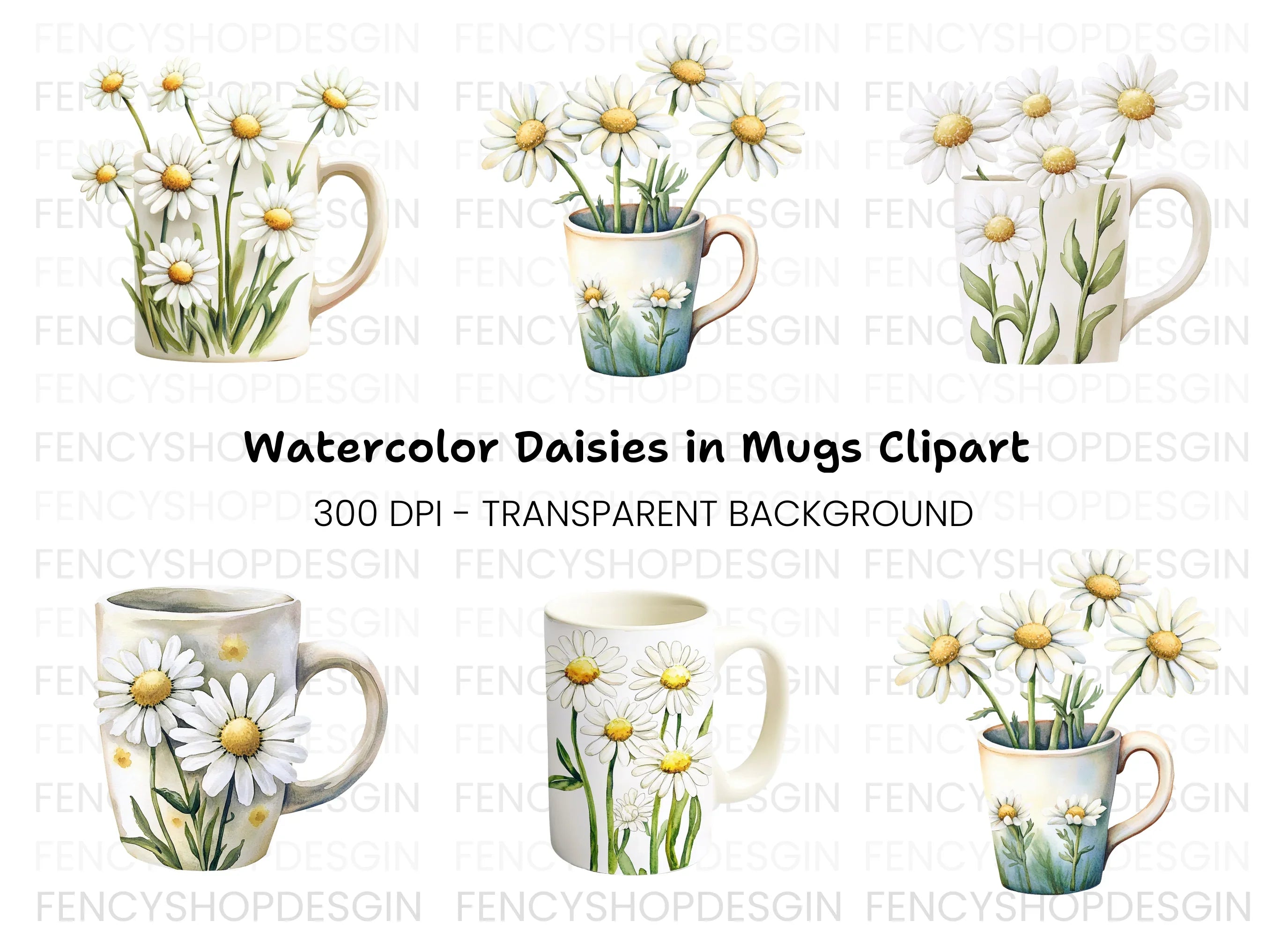Daisy Flowers in Mugs Clipart Bundle