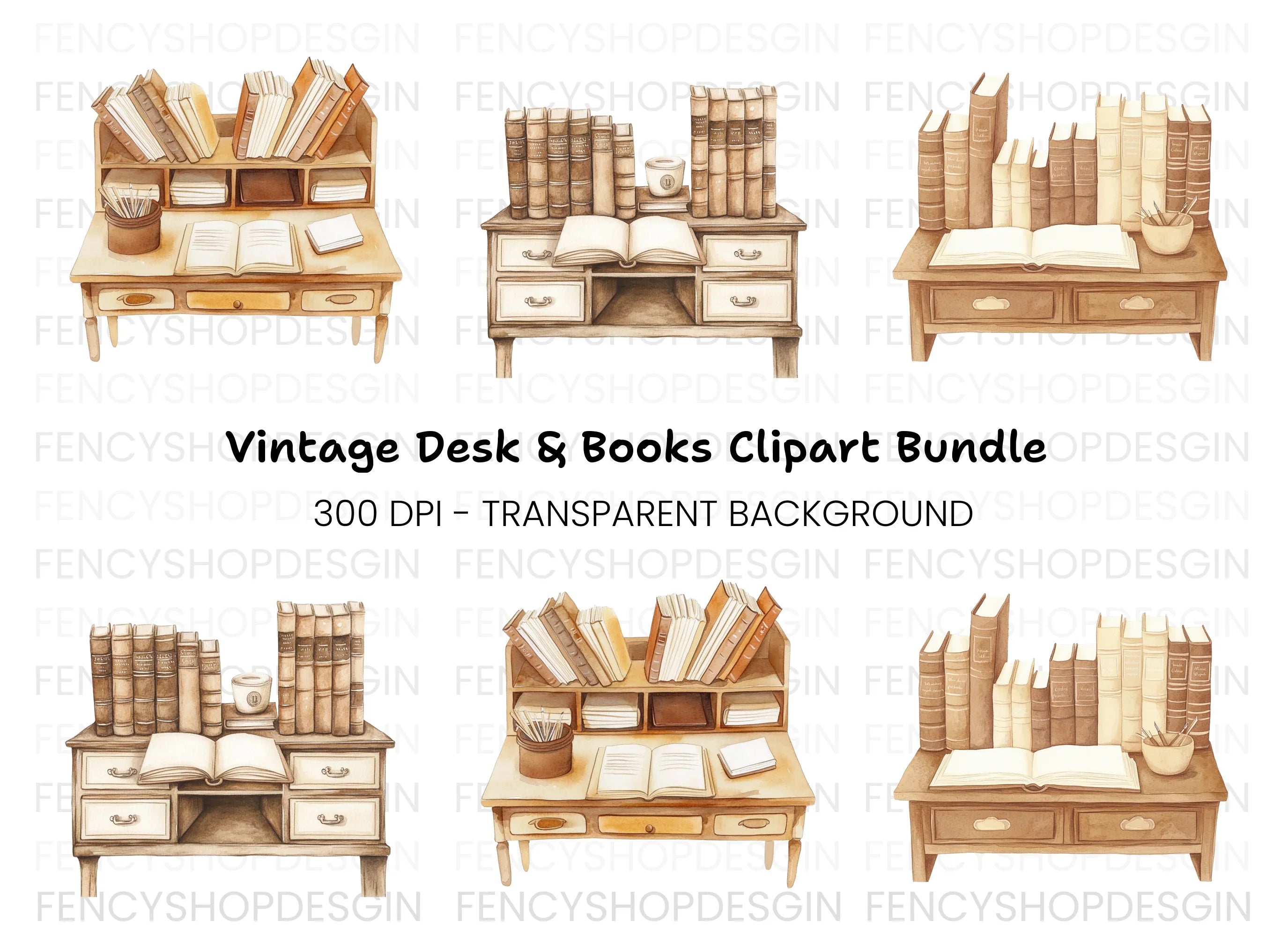 Vintage Desk and Book Clipart Bundle