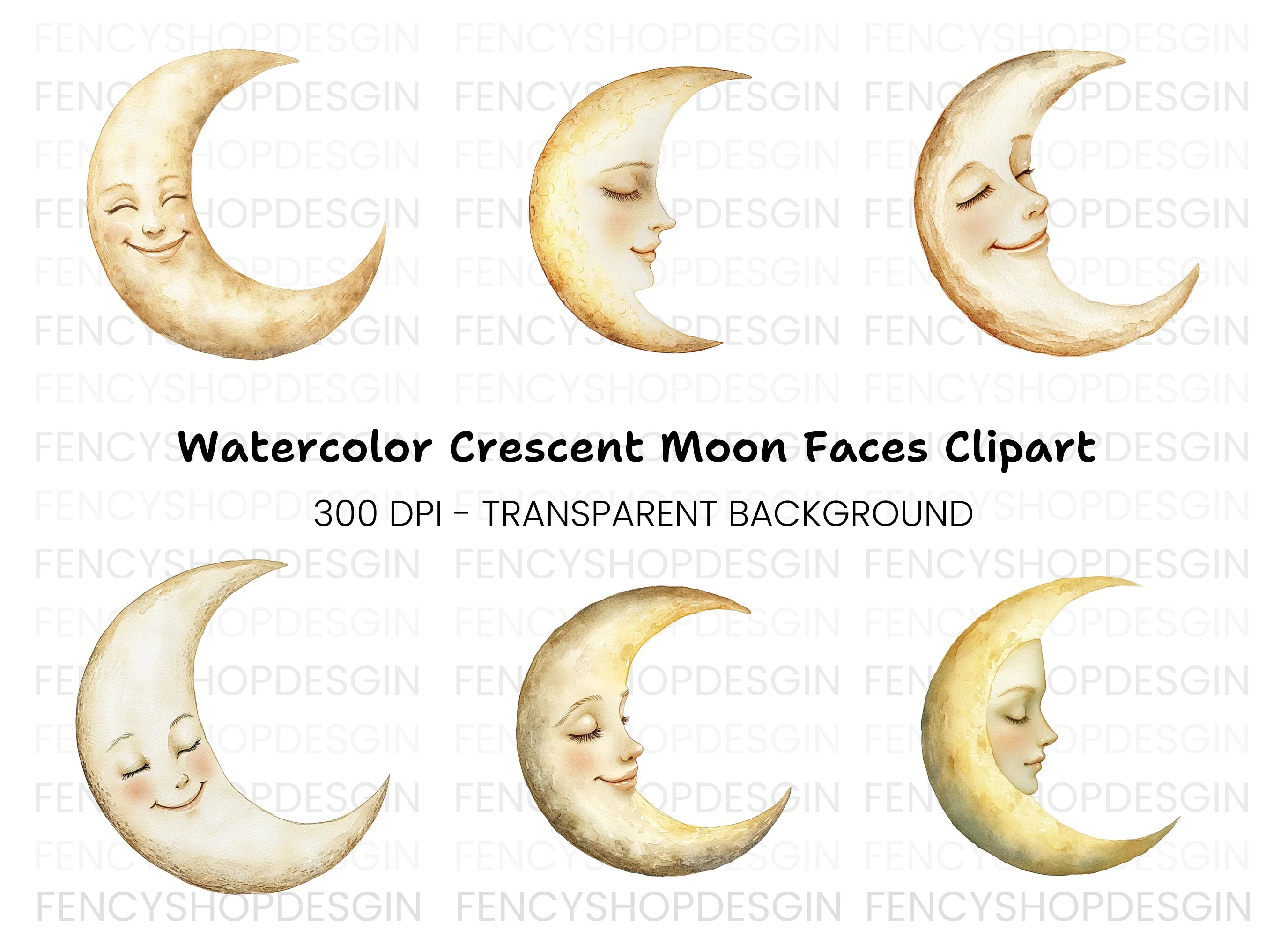 Crescent Moon Faces Clipart Bundle