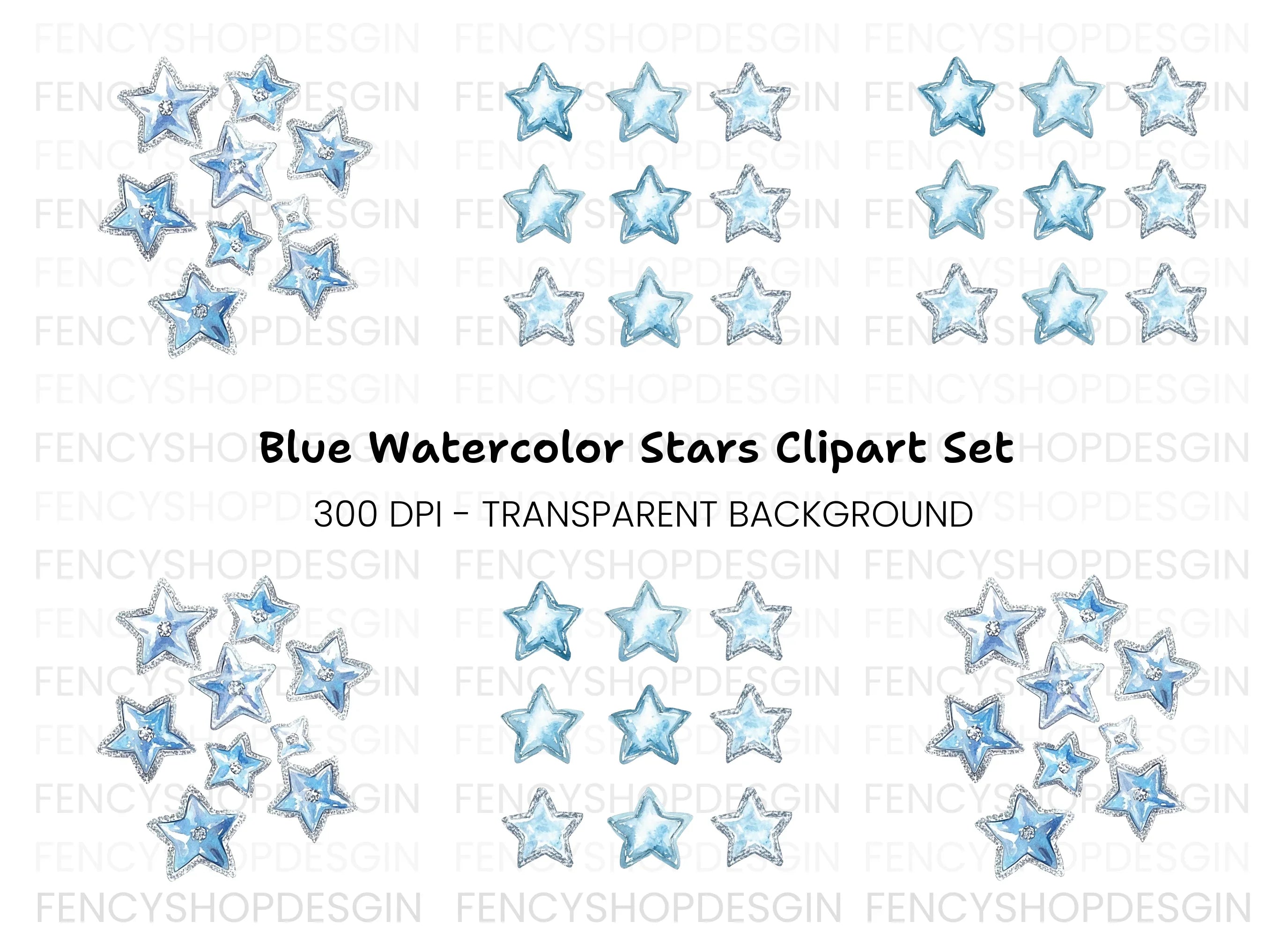 Sparkling Blue Star Gemstone Clipart Bundle