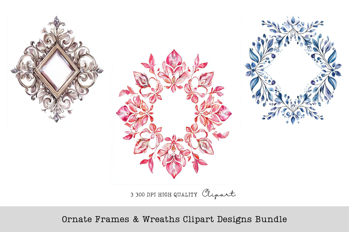 Ornate Frames Wreaths Designs Clipart Bundle