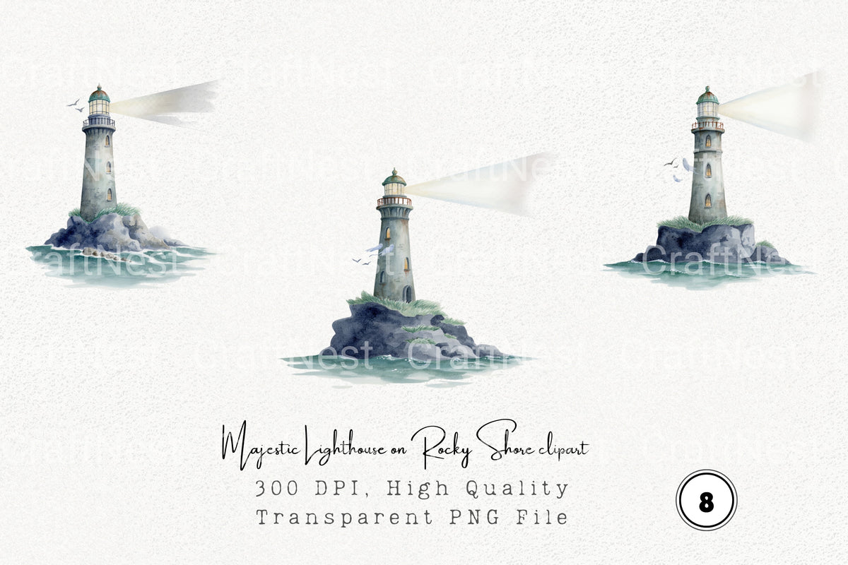 Majestic Lighthouse On Rocky Shore Clipart Bundle