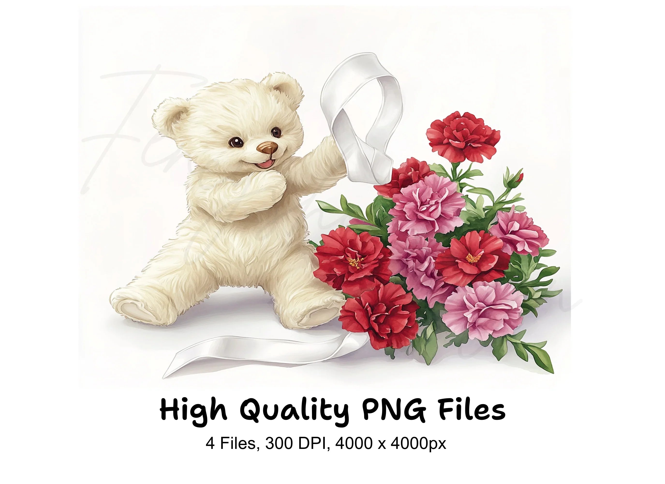 Cute Teddy Bears with Carnation Bouquets Clipart Bundle
