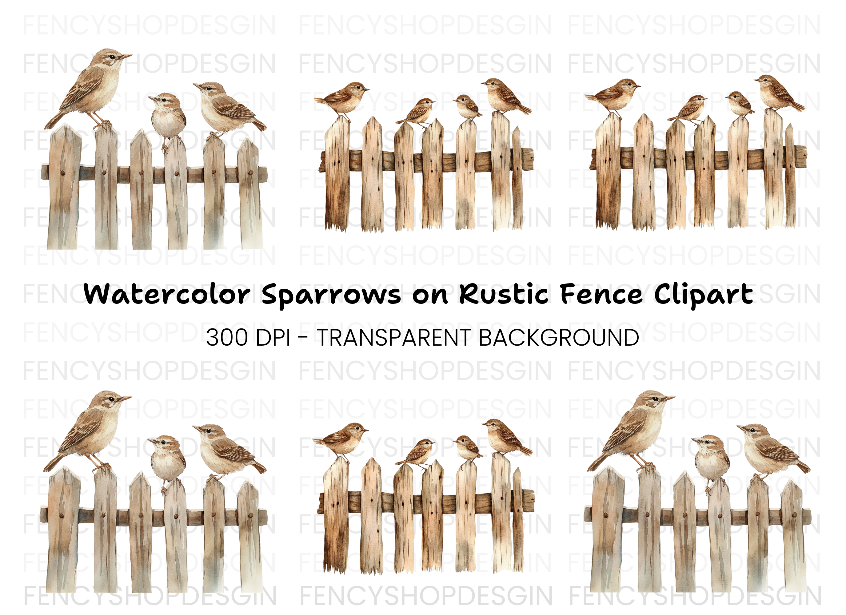 Cute Sparrow Birds on Fence Clipart Bundle