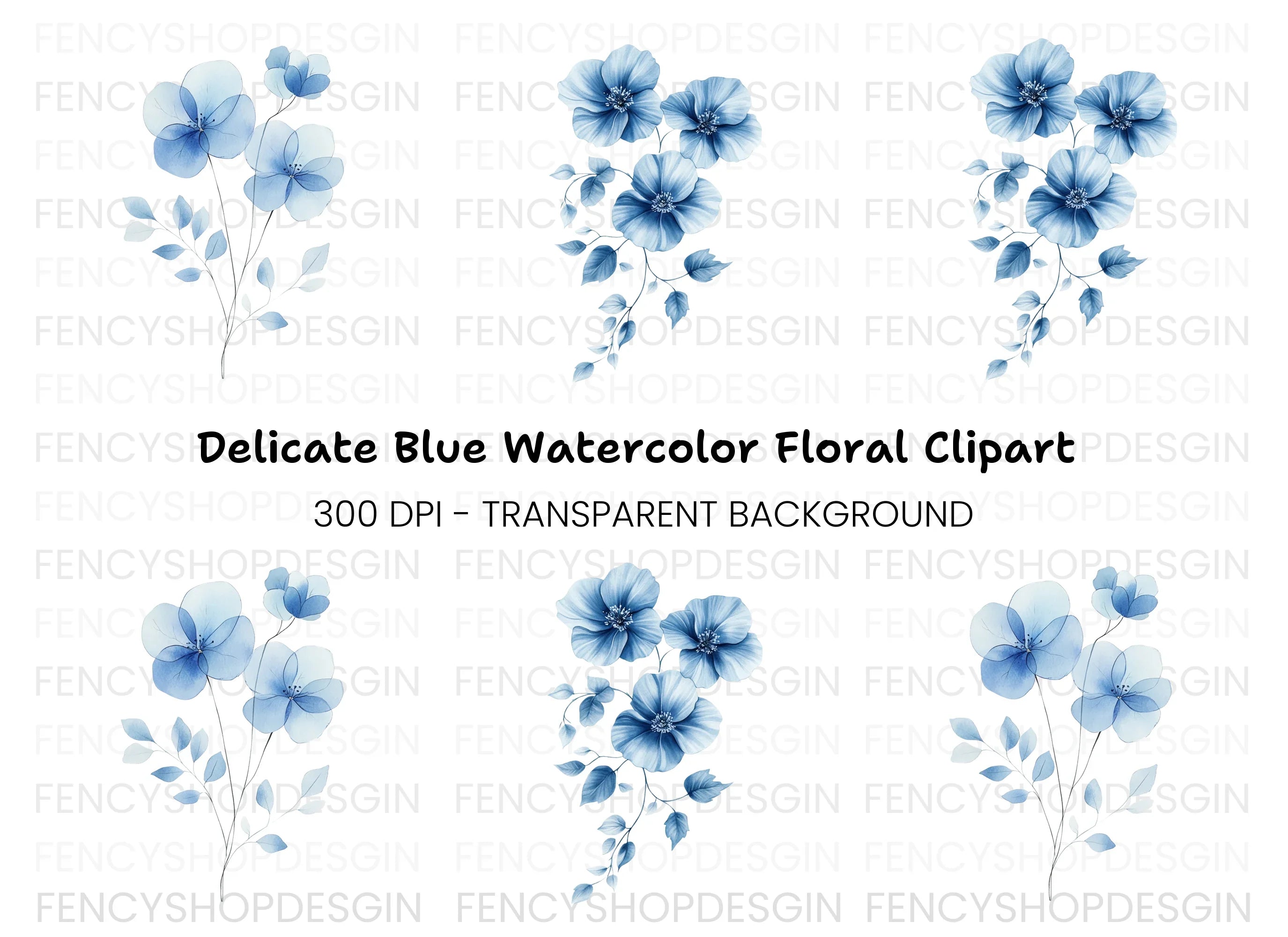 Delicate Blue Floral Arrangement Clipart Bundle
