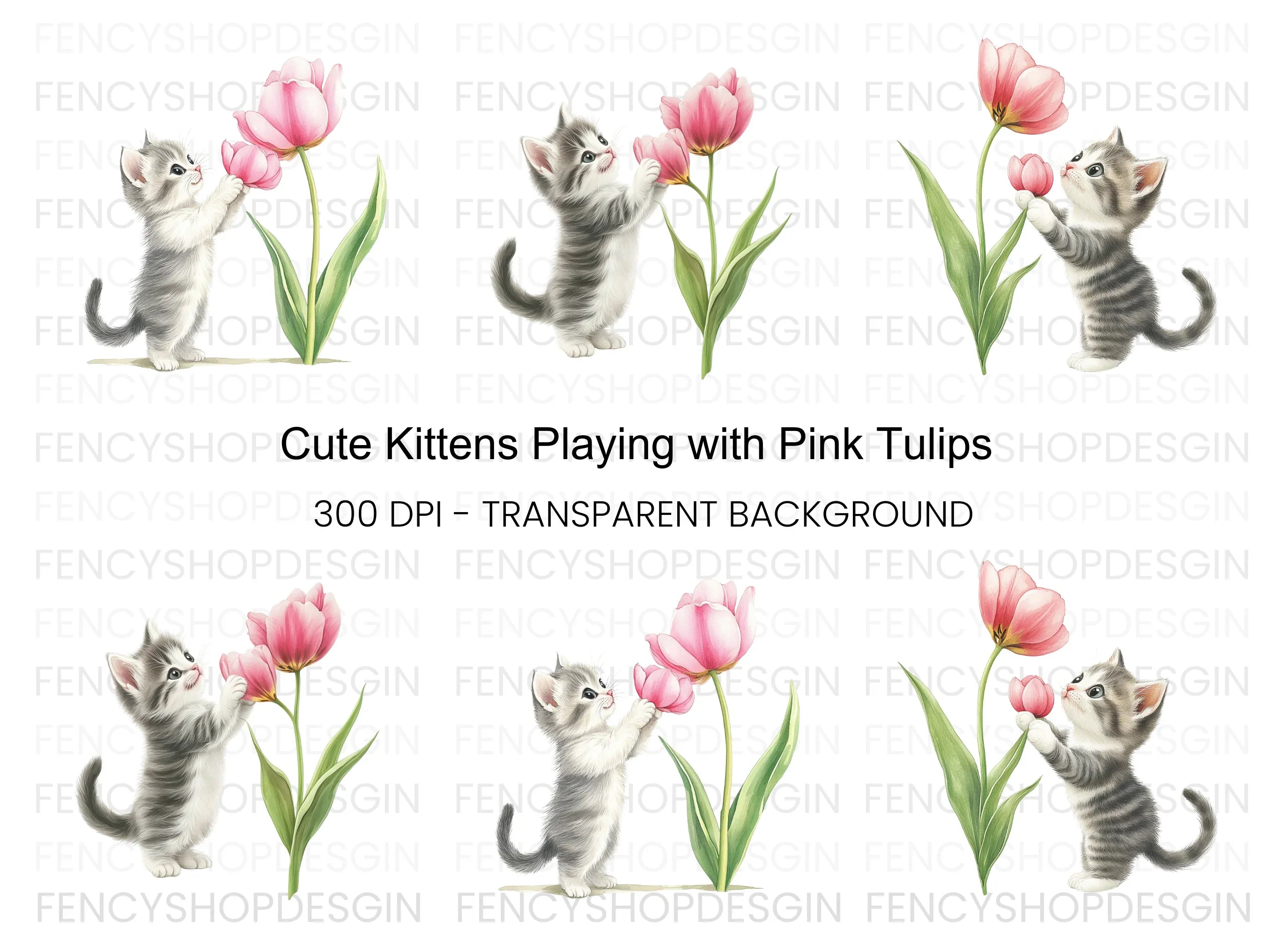 Cute Kitten with Pink Tulip Clipart Bundle