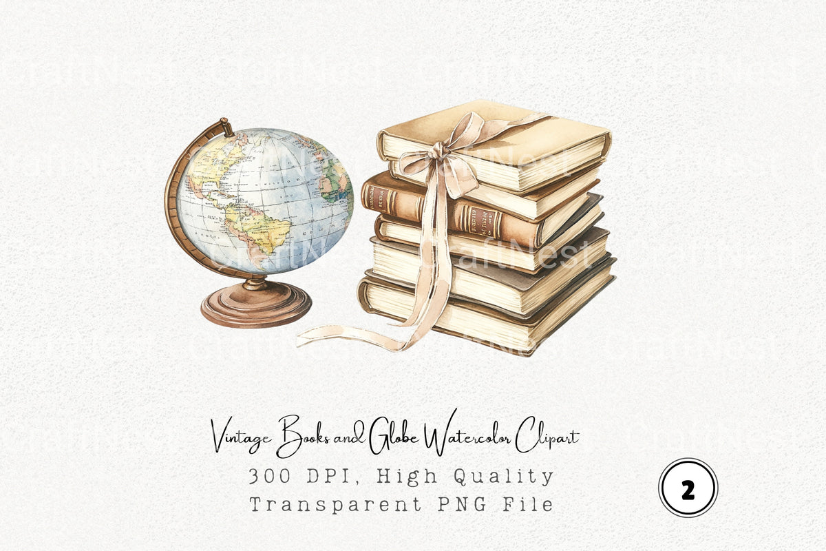 Vintage Books And Globe Watercolor Clipart Planner