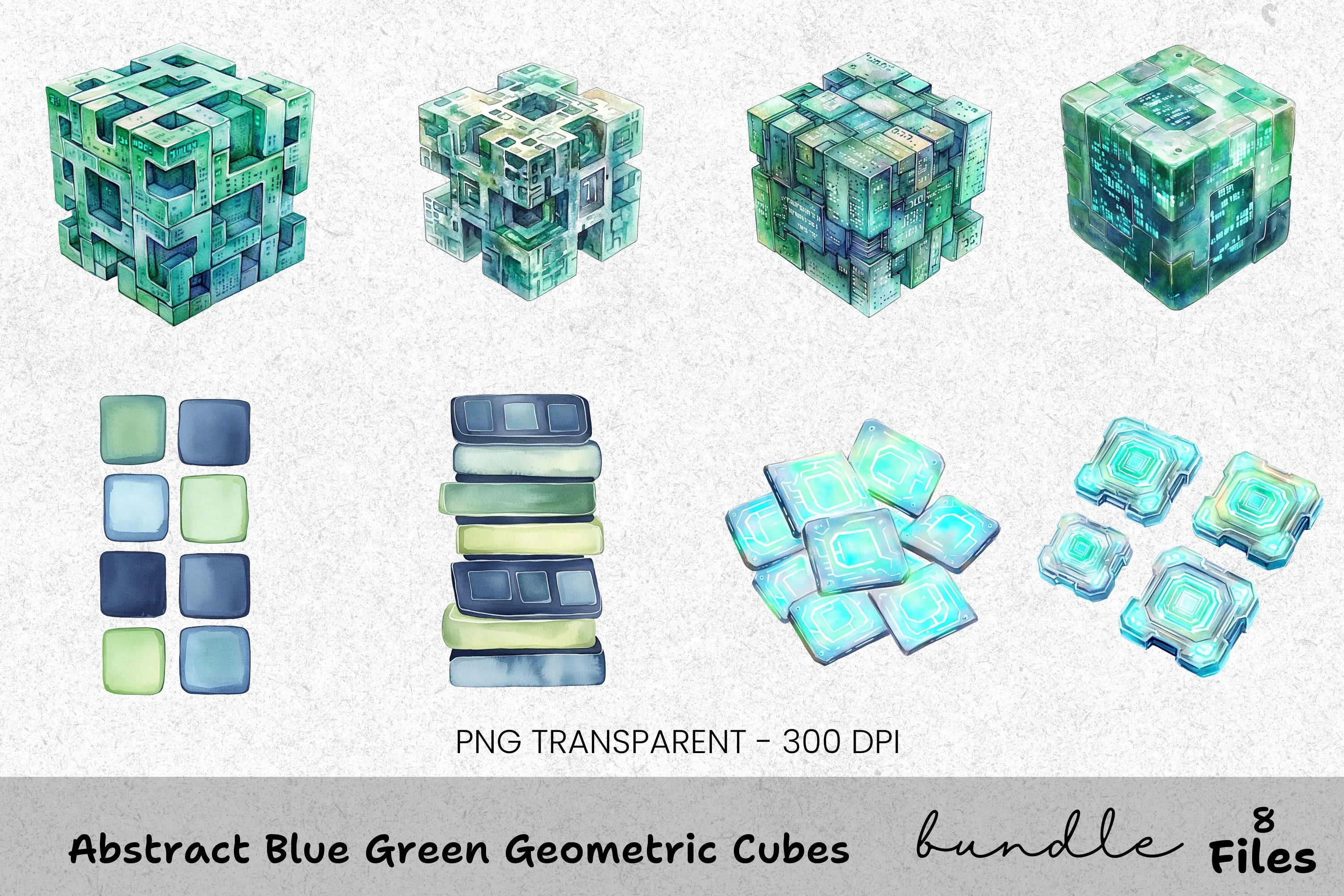 Abstract Blue Green Geometric Cubes Clipart Bundle