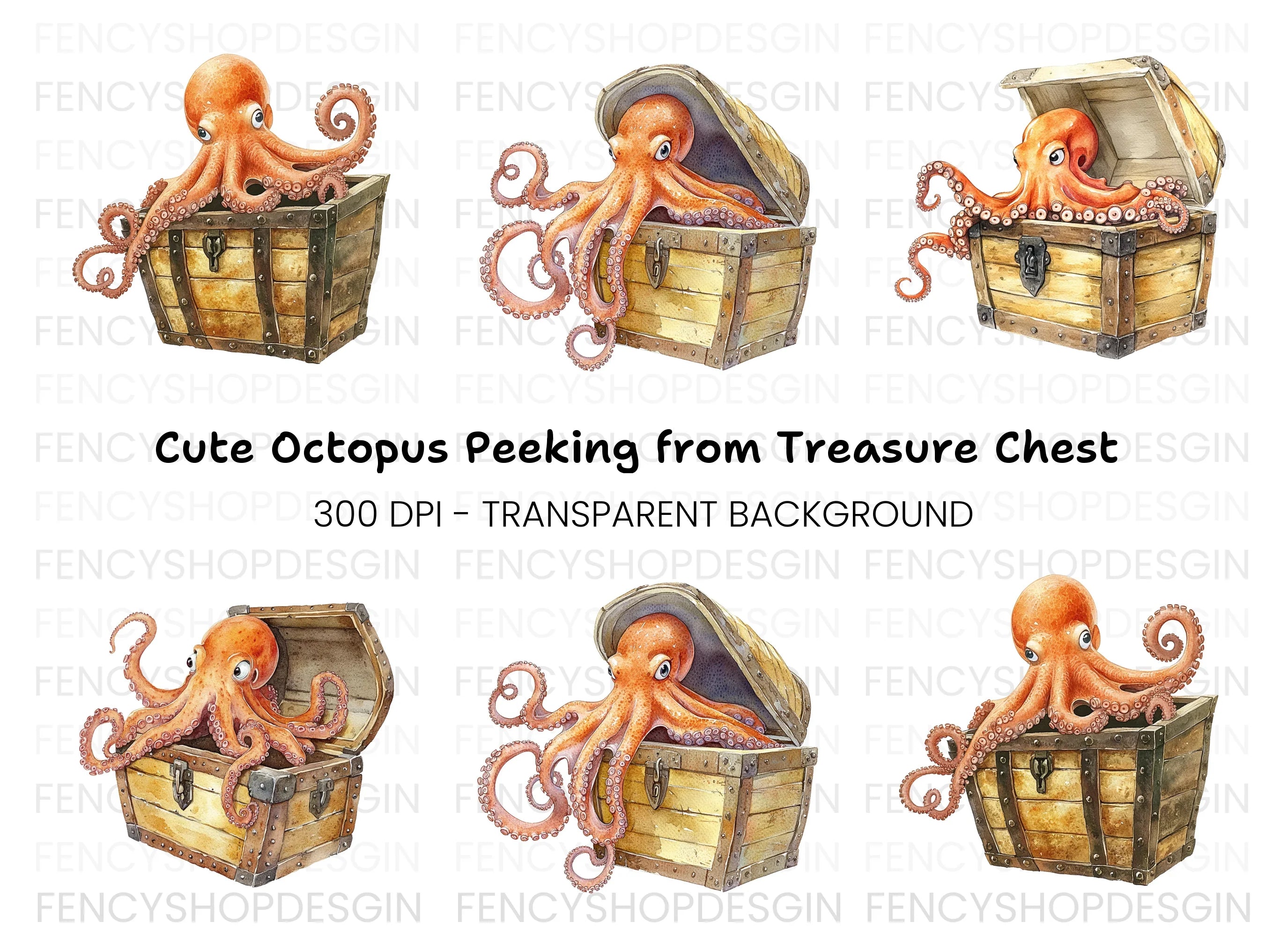 Cute Octopus in Treasure Chest Clipart Bundle