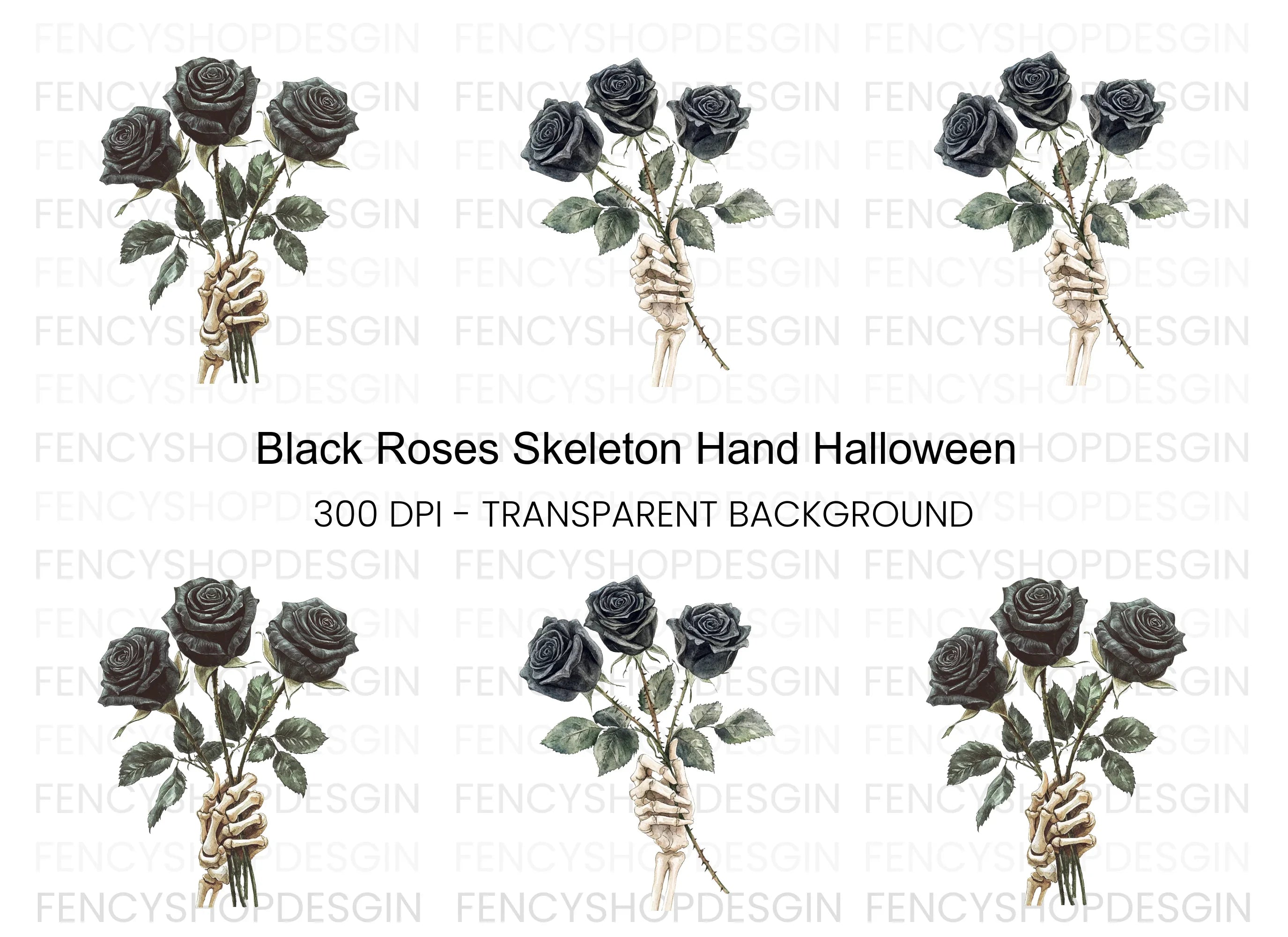 Skeleton Hand with Black Roses Clipart Bundle