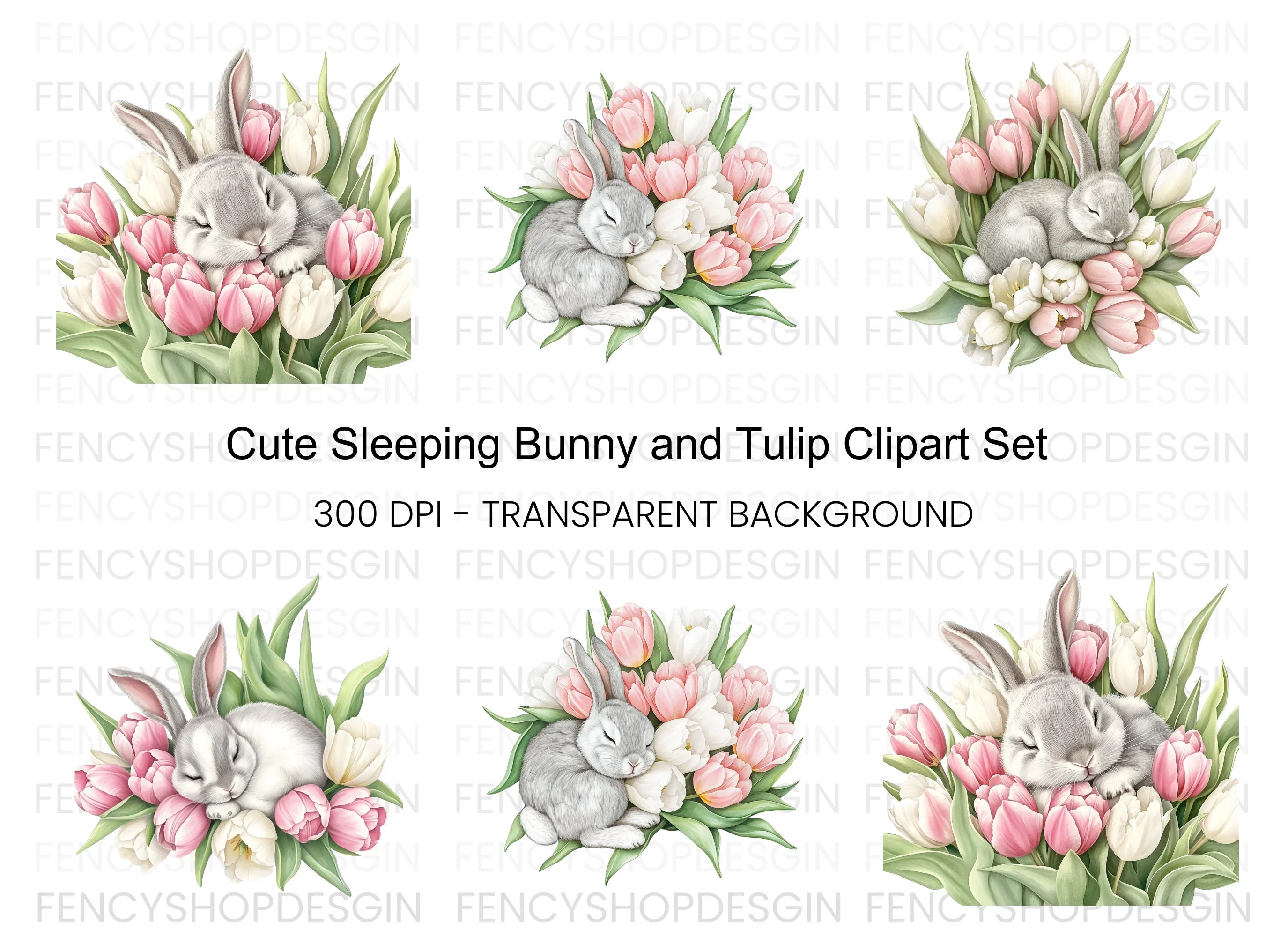 Sleeping Bunny in Tulip Bouquet Clipart Bundle