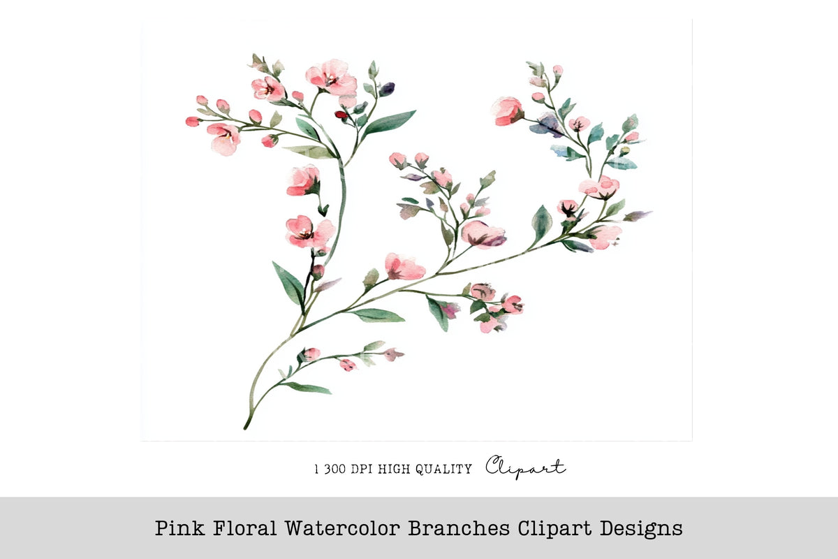 Pink Floral Branches Designs Clipart Bundle