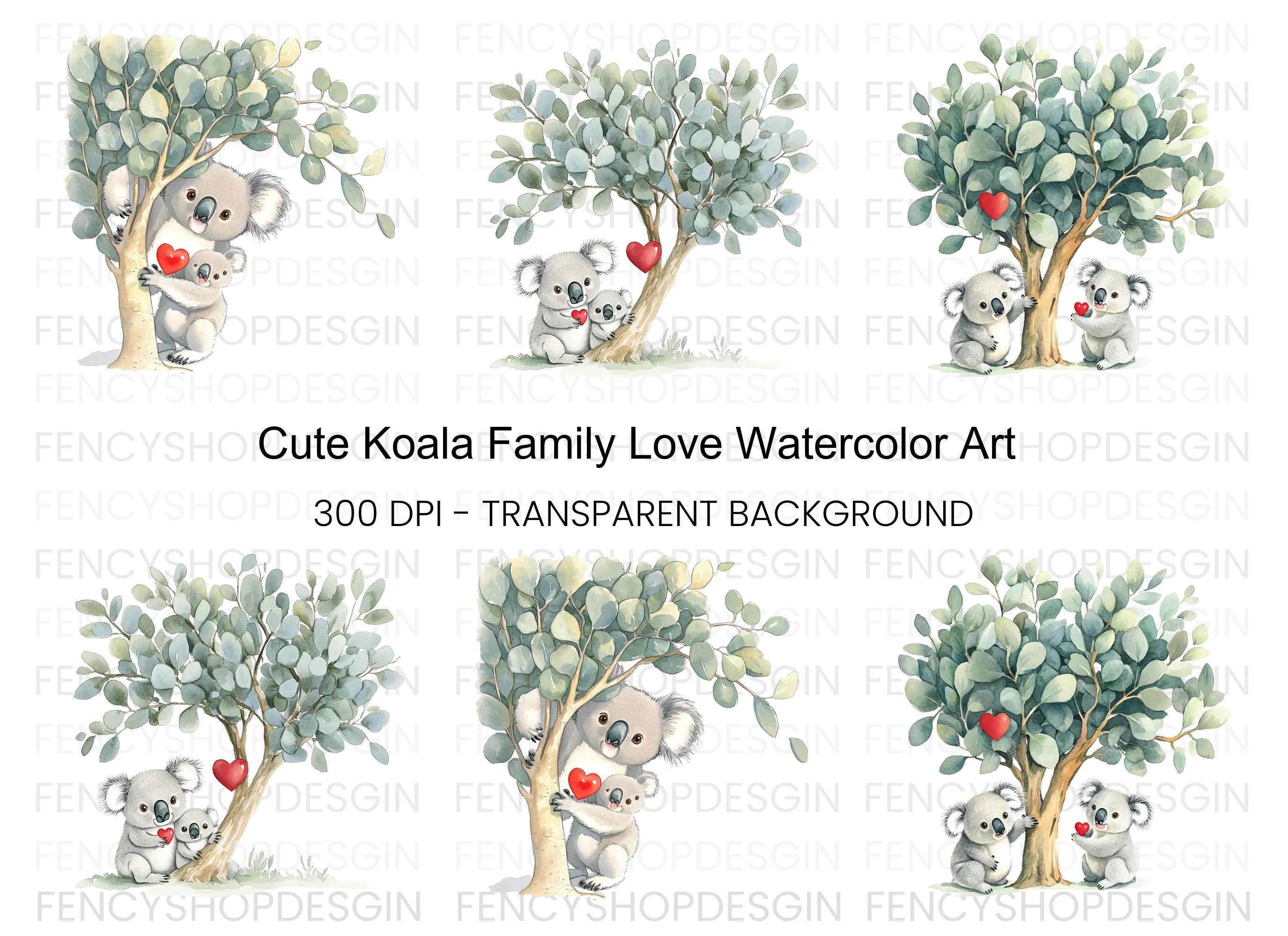 Cute Koala Family with Eucalyptus Trees Clipart Bundle
