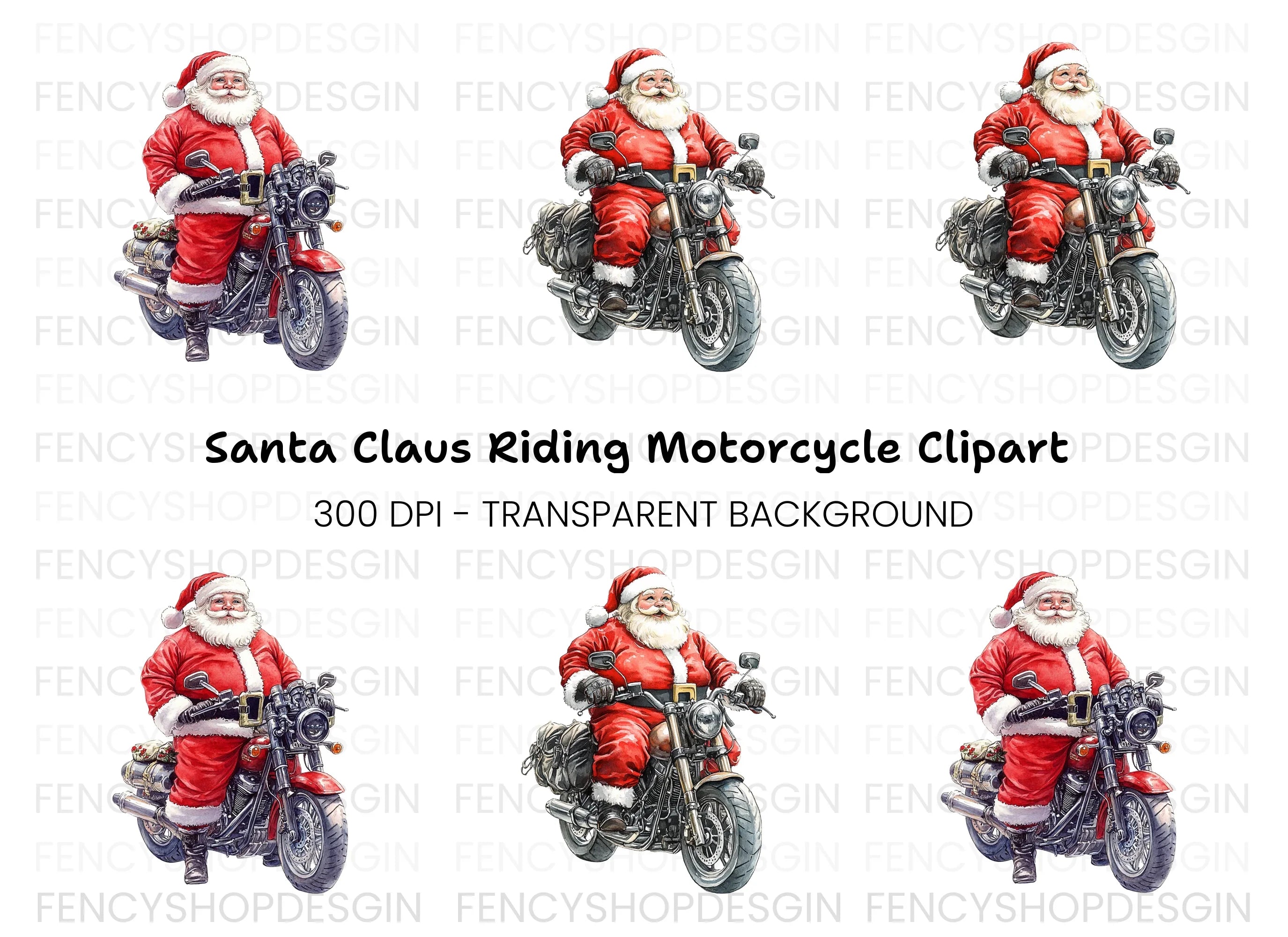 Santa Riding Motorcycle Christmas Clipart Bundle