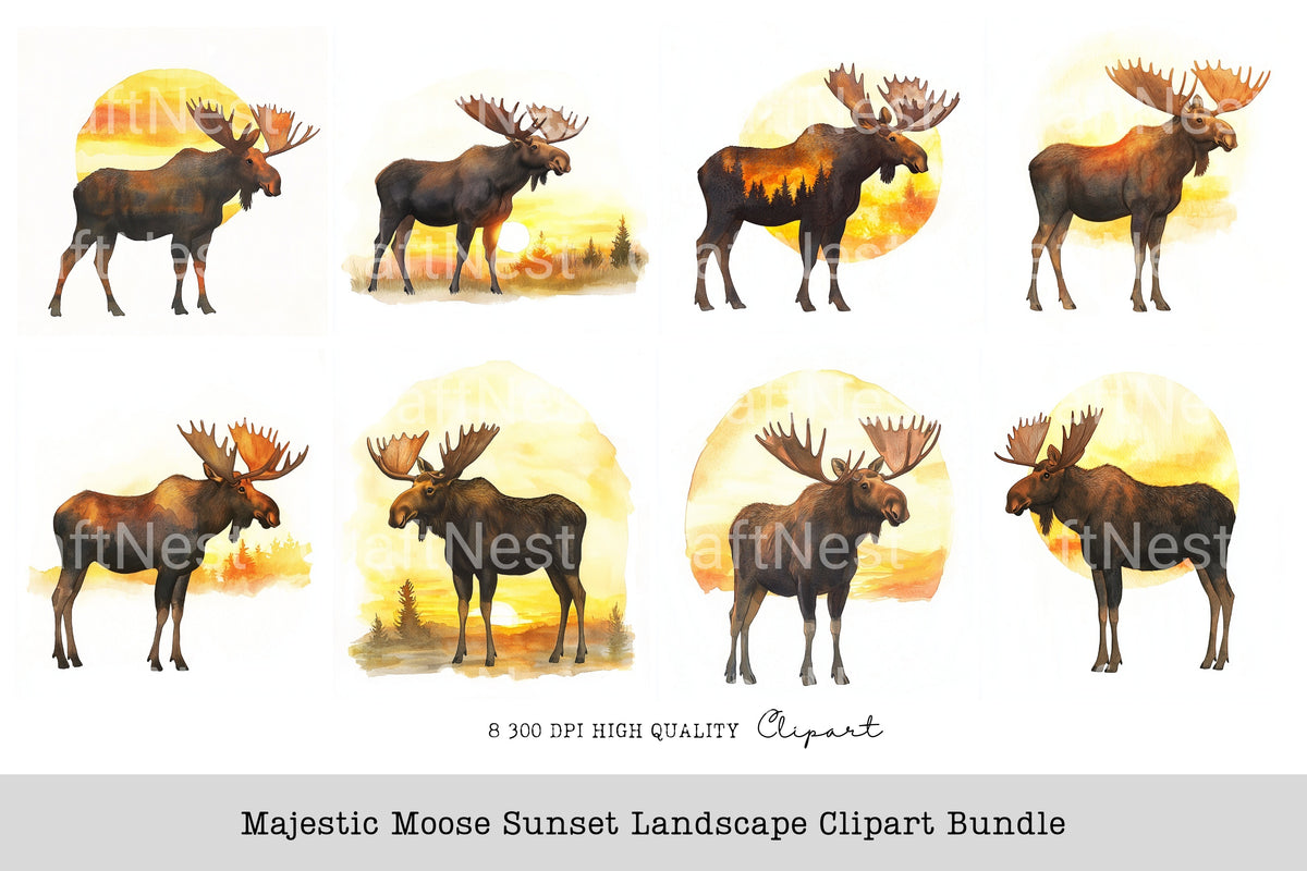 Majestic Moose Sunset Landscape Clipart Bundle