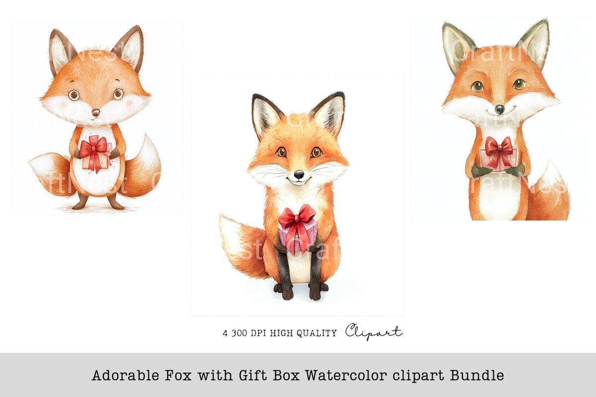 Adorable Fox With Gift Box Clipart Bundle