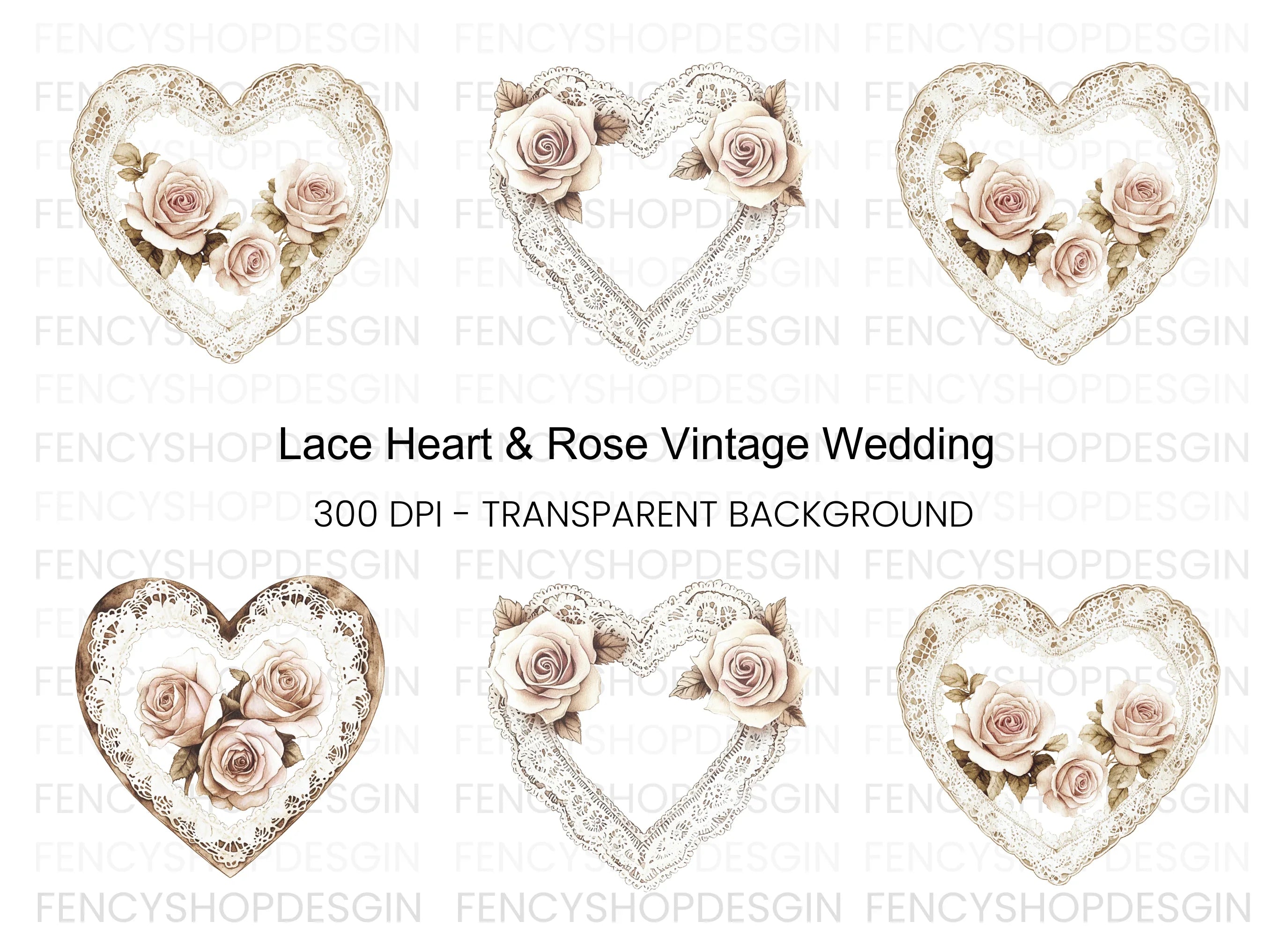 Lace Heart Rose Clipart Bundle